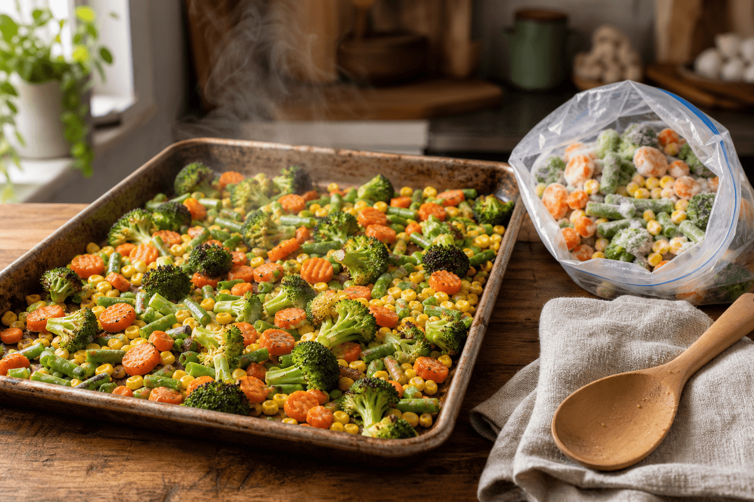 Sheet pan of roasted frozen mixed vegetables with lightly charred edges next to an open bag of frozen vegetables on a wooden kitchen counter
