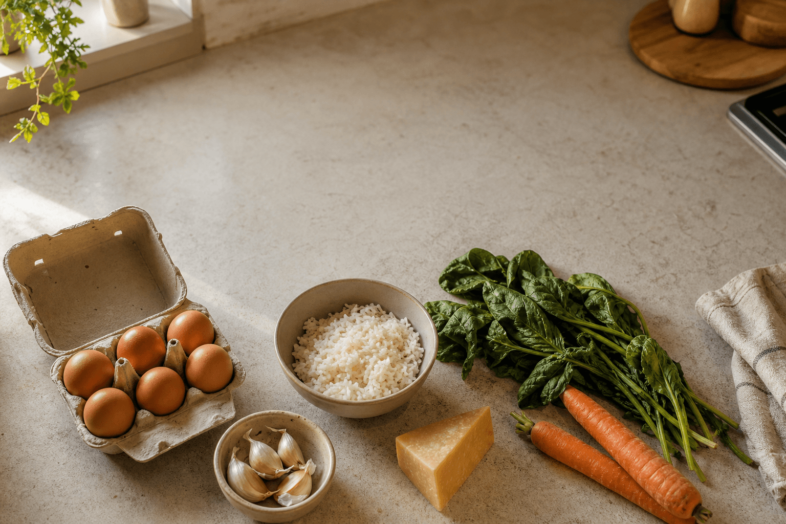 Fridge and pantry ingredients including eggs, rice, vegetables, cheese, and garlic laid out on a kitchen counter while deciding what to cook