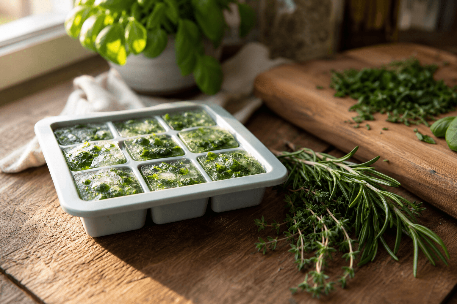 A silicone ice cube tray filled with frozen chopped herb cubes next to fresh rosemary and thyme sprigs on a wooden kitchen counter