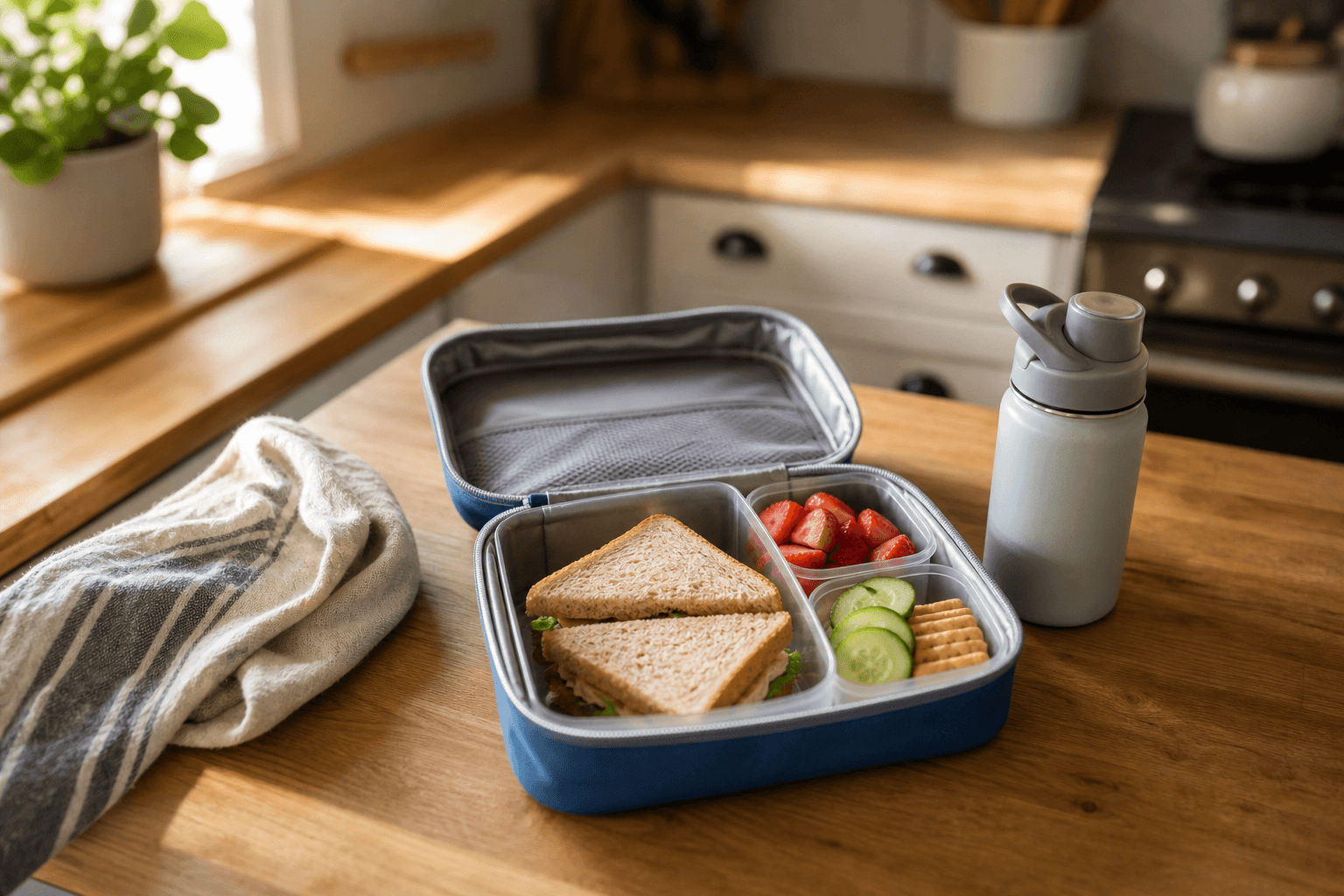 An open kids school lunch box on a kitchen counter with a cut sandwich, sliced fruit, and vegetables packed in small reusable containers