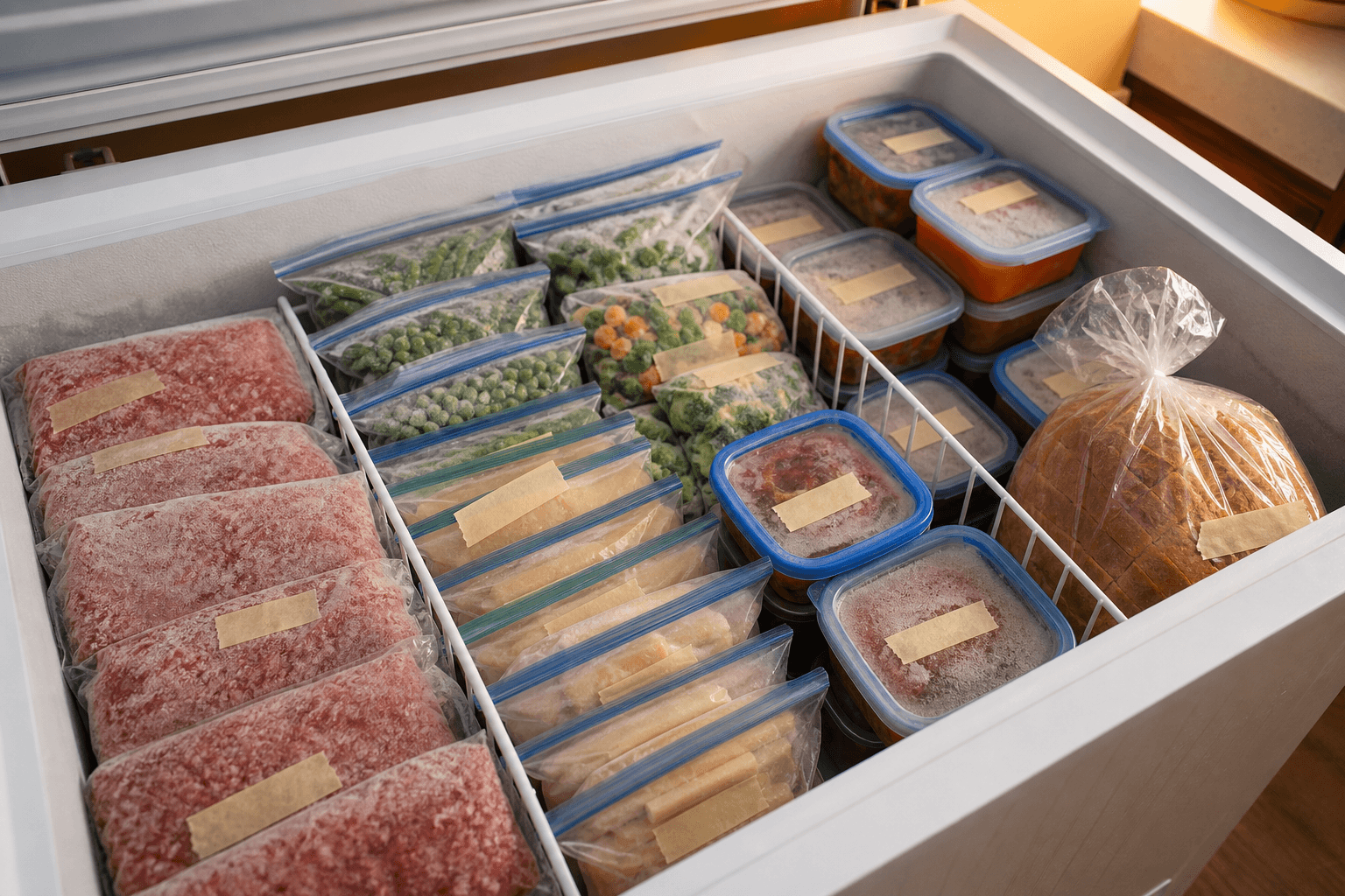 Overhead view of a home freezer drawer with labeled bags of frozen vegetables, ground meat, and portioned soup containers organized by category