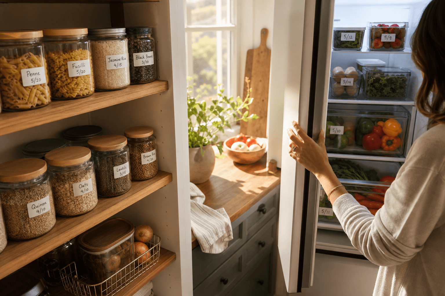 Organized home kitchen with labeled pantry shelves and an open refrigerator showing fresh food arranged for inventory tracking