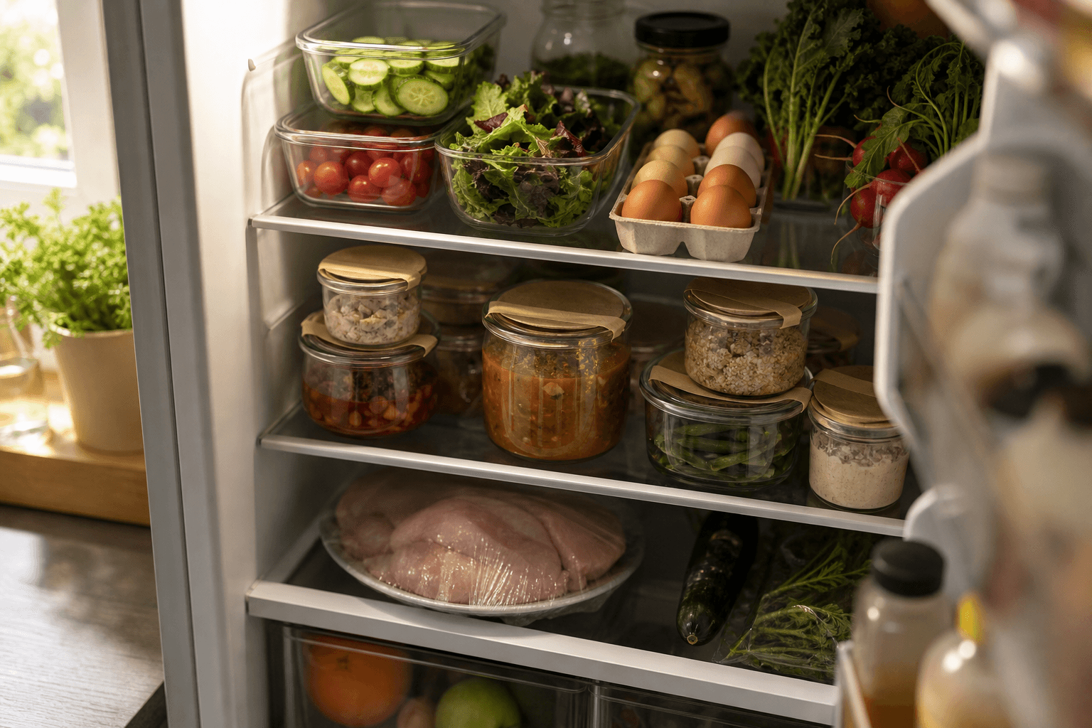 Open refrigerator with fresh food organized on labeled shelves by type