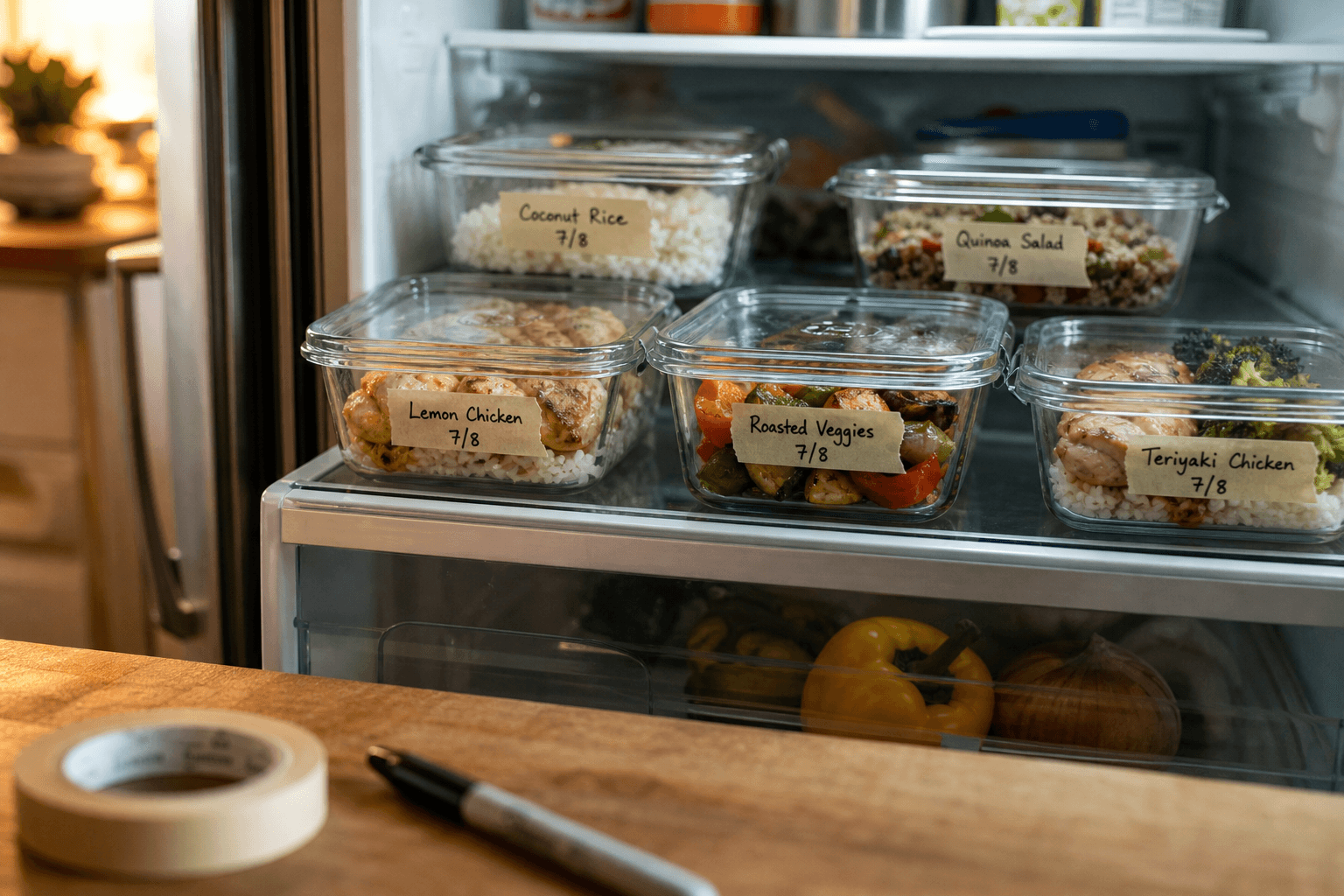Glass meal-prep containers of labeled cooked leftovers lined up on a fridge shelf in warm kitchen light