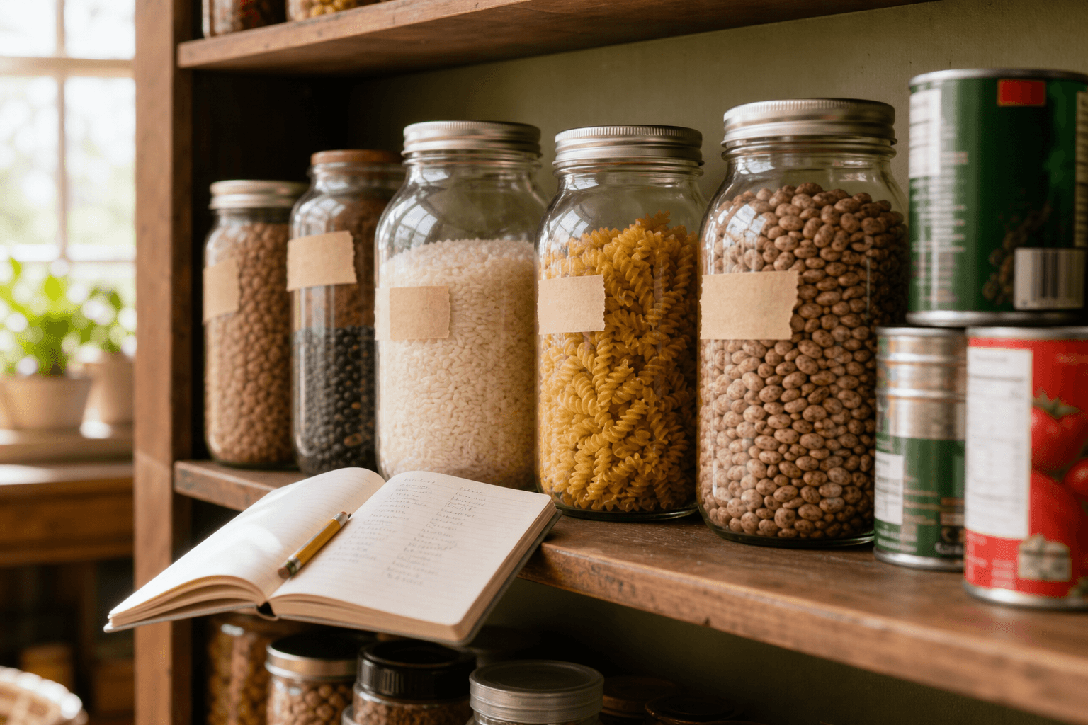 A home pantry shelf with labeled jars of rice, pasta, and beans, canned goods, and a small handwritten inventory notebook, lit by warm natural light