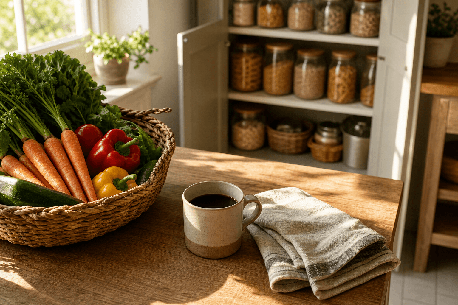 Overhead view of a warm kitchen counter with fresh vegetables, pantry staples, and coffee set up for weekly meal planning