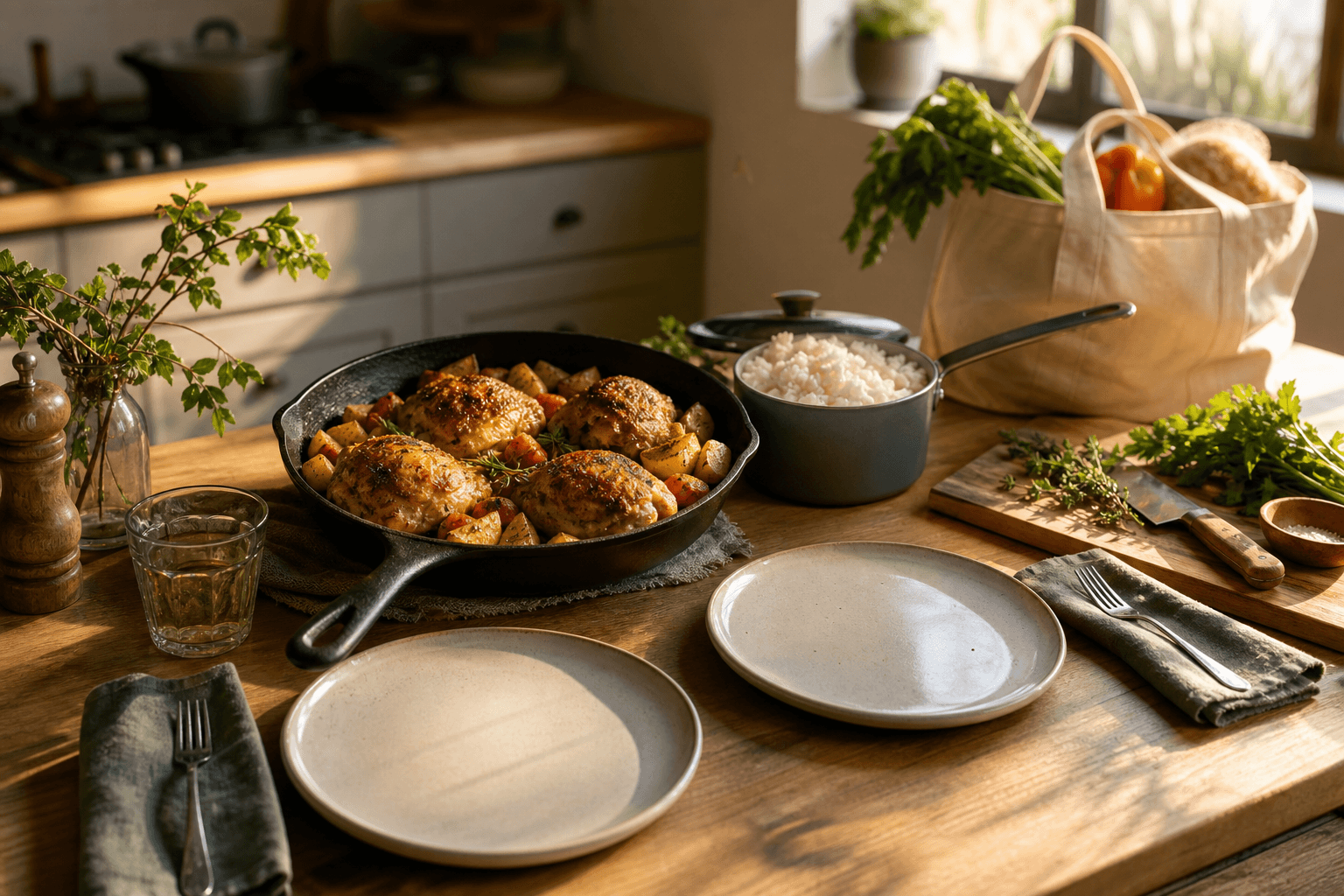 A simple budget dinner for two, roasted chicken thighs and vegetables in a cast iron skillet on a home kitchen counter.
