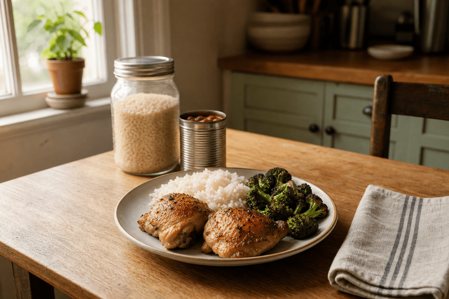 A single portion of baked chicken thighs, rice, and roasted broccoli plated on a small kitchen table, with rice and canned beans nearby for a solo home-cooked budget dinner.