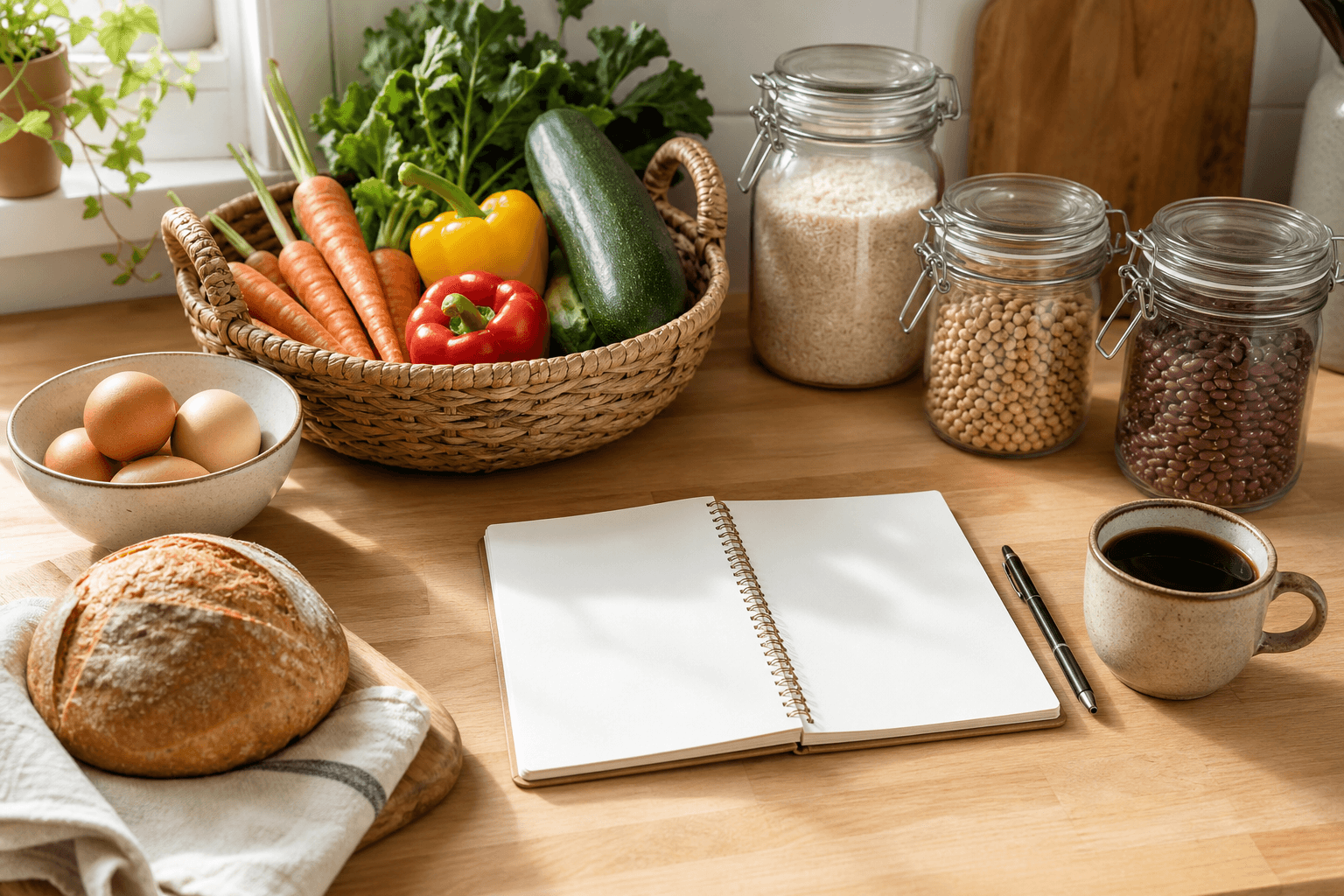 Overhead view of a kitchen counter with fresh vegetables, pantry staples, and a blank notebook used for planning a week of meals.
