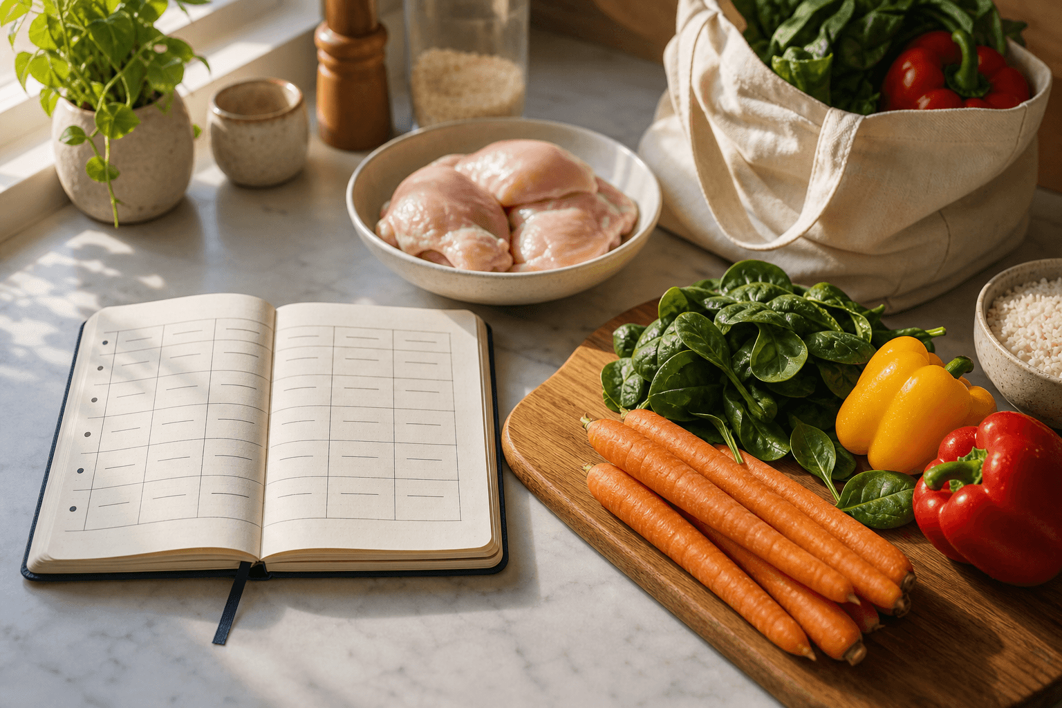 A weekly meal plan notebook on a kitchen counter next to fresh vegetables, a whole chicken, and pantry staples used to build simple weeknight dinners.