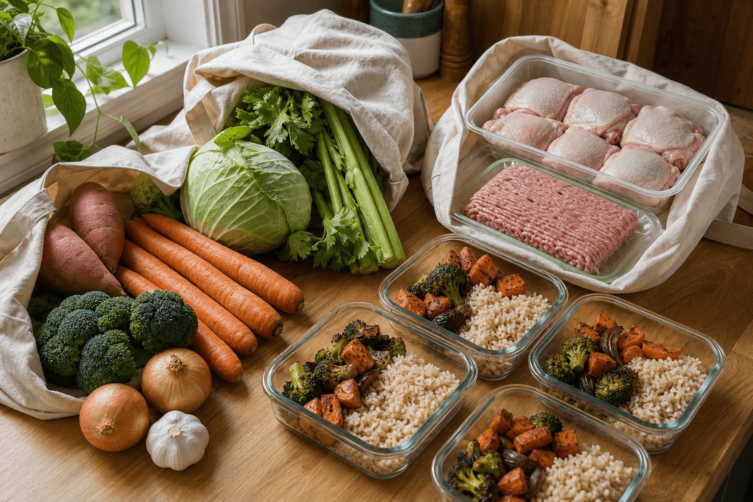 Overhead shot of a kitchen counter with grocery bags of fresh vegetables, a whole chicken, and containers of cooked rice being sorted for a two week meal plan