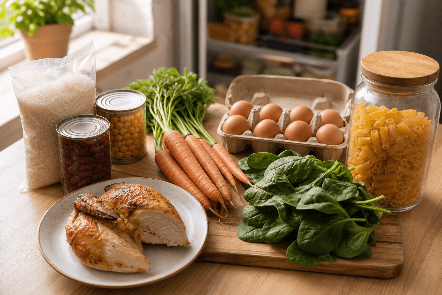 Everyday pantry and fridge ingredients including rice, canned beans, eggs, carrots, and rotisserie chicken laid out on a kitchen counter for meal planning.