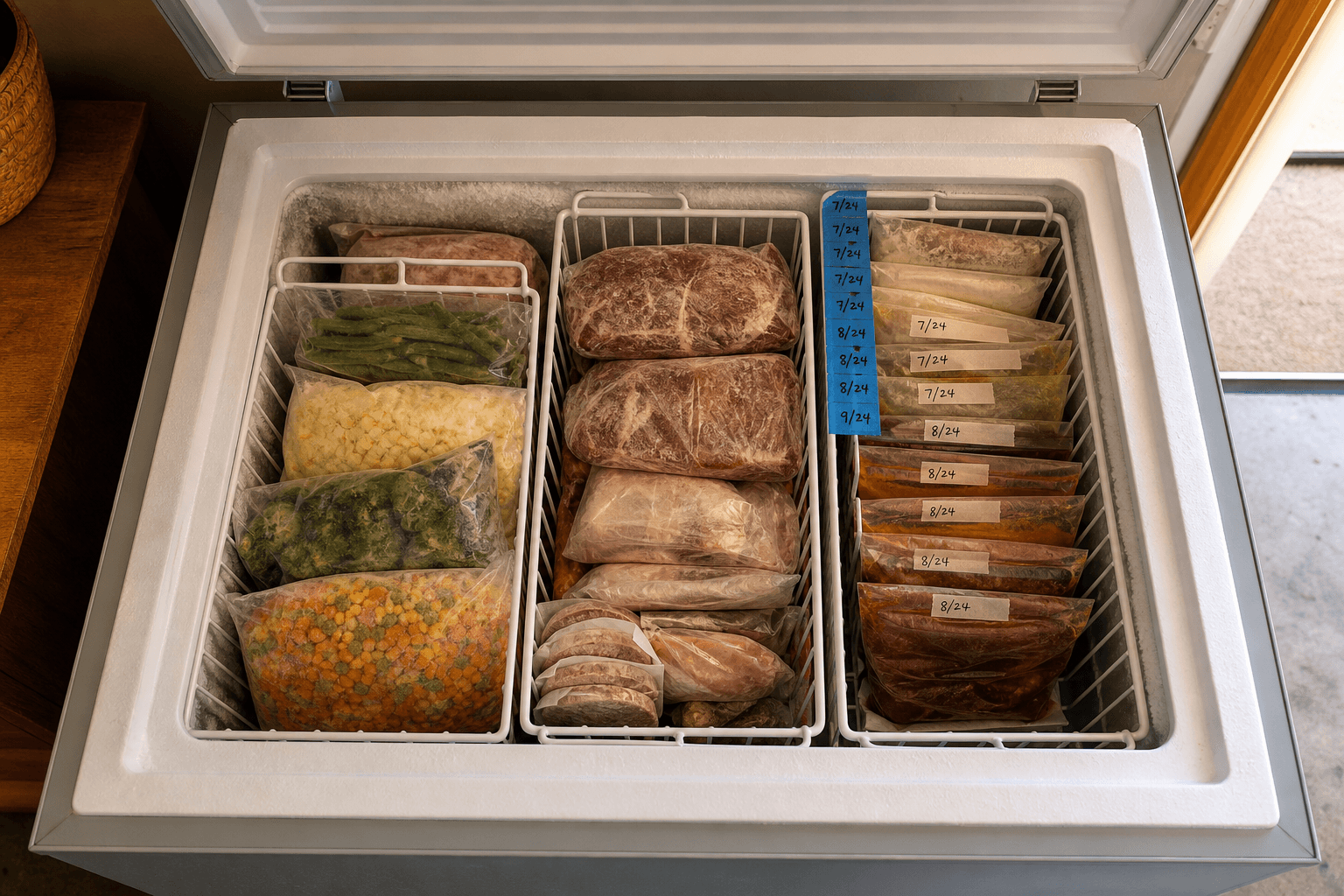 An organized chest freezer with labeled wire baskets separating proteins, vegetables, and prepared meals, viewed from above