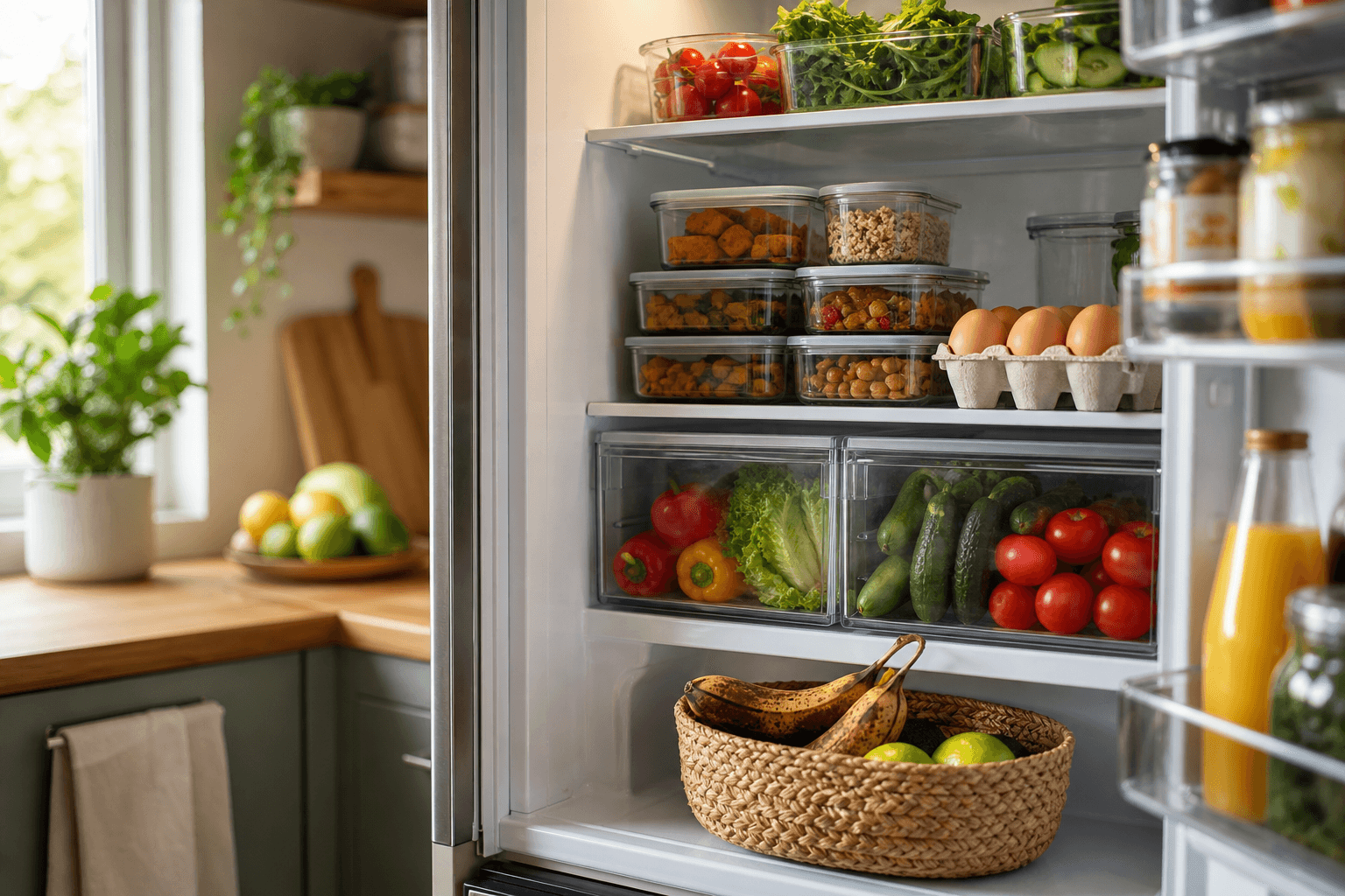 An organized refrigerator with labeled bins, fresh produce sorted in the crisper drawer, and ready-to-eat leftovers kept at eye level on the top shelf