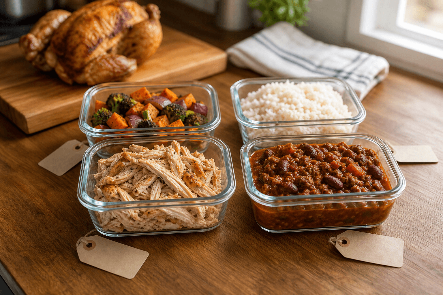Glass containers of labeled leftovers, including shredded chicken, chili, and roasted vegetables, ready to be planned into a week of remix meals