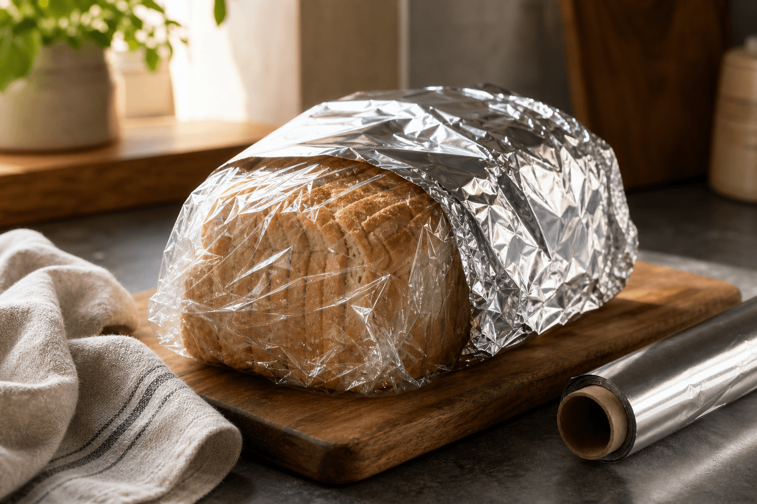 A loaf of sliced bread being wrapped in plastic wrap and aluminum foil on a kitchen counter before freezing to prevent freezer burn.
