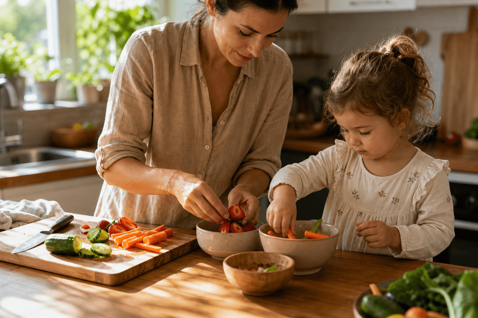 A parent and young child slicing fruit and vegetables together at a kitchen counter to reduce food waste at home.