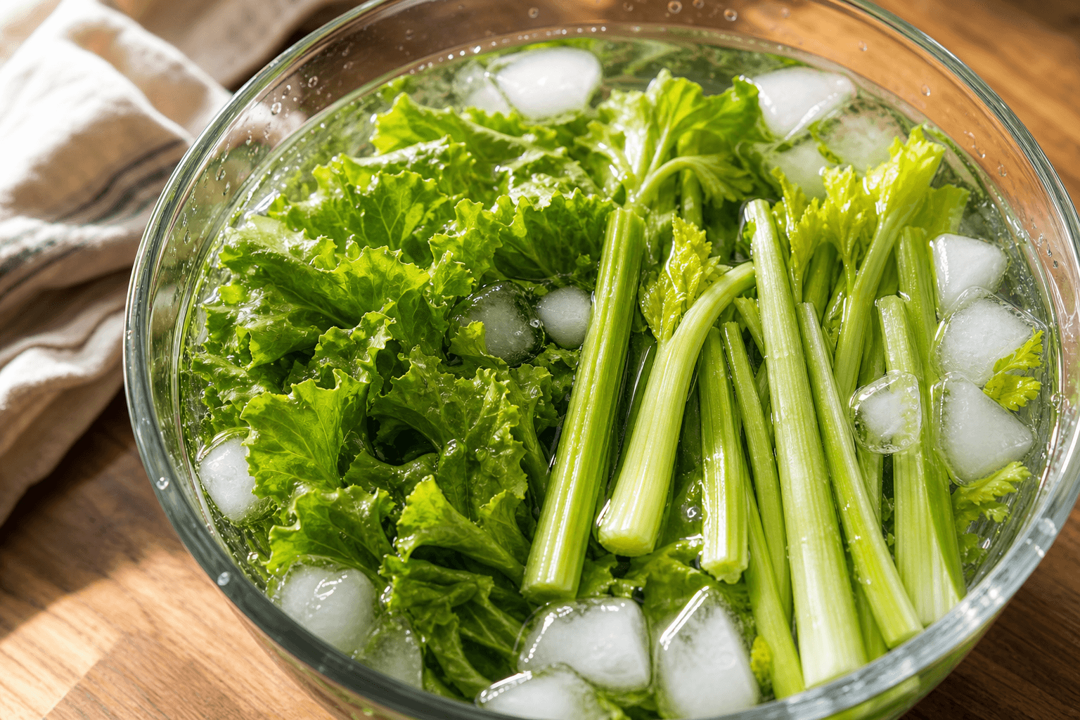 Wilted lettuce leaves and celery stalks submerged in a glass bowl of ice water on a wooden kitchen counter.