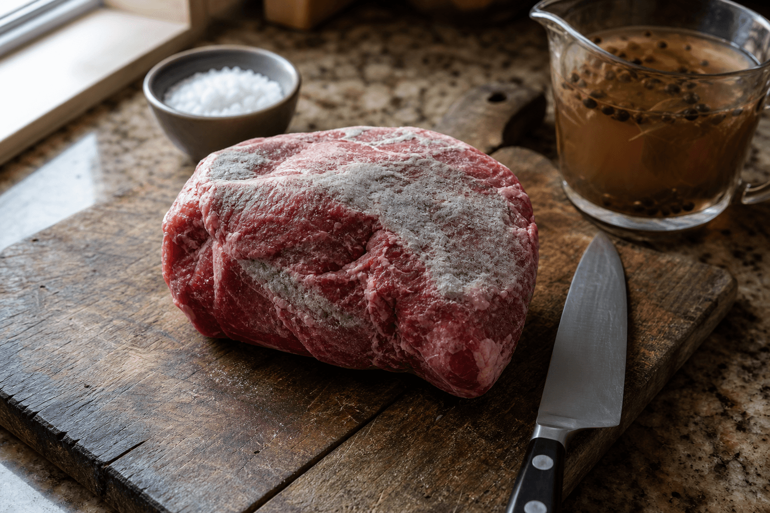 Raw beef roast showing freezer burn patches being trimmed on a wooden cutting board before brining