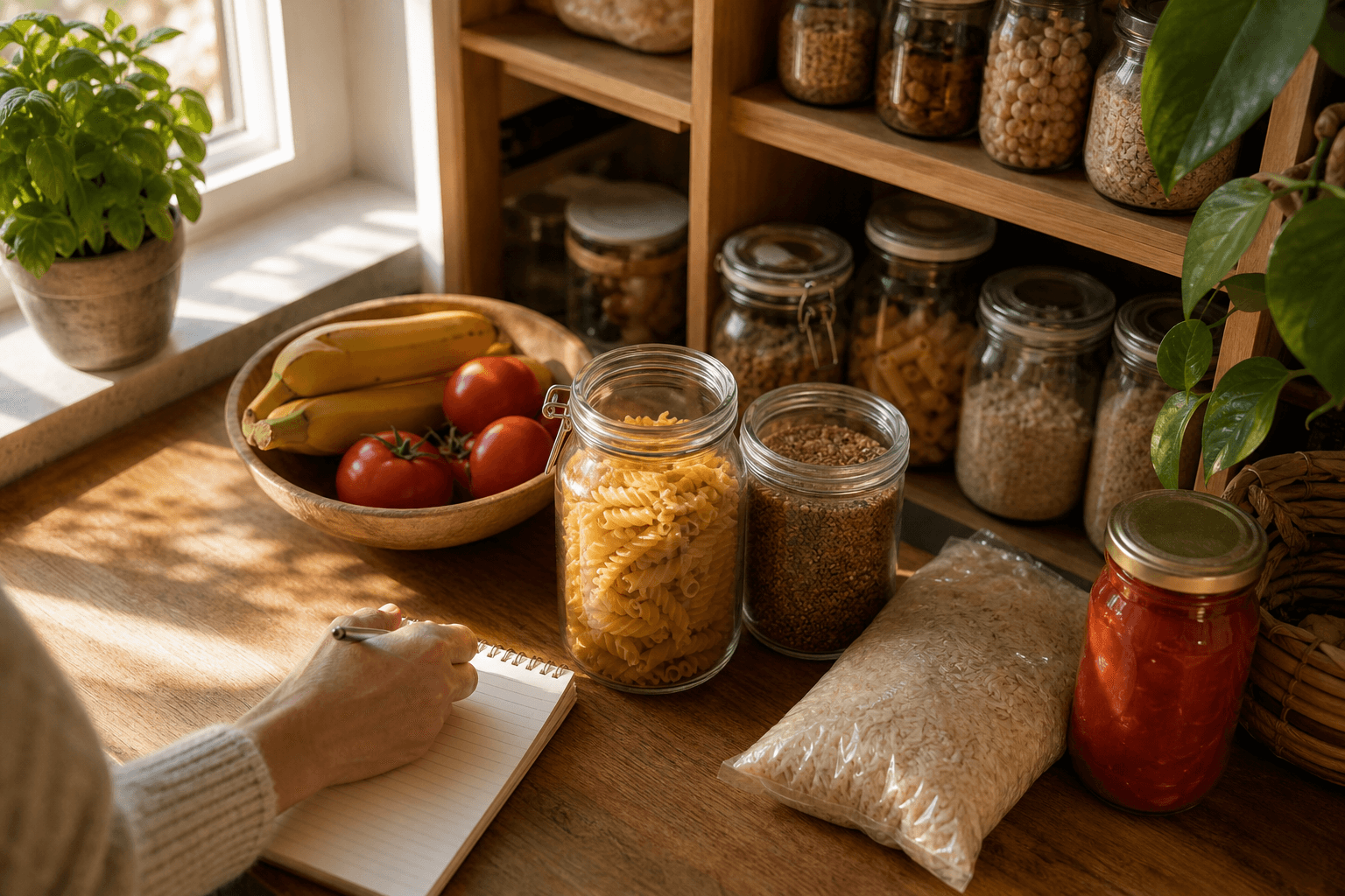 An open kitchen pantry with jars, canned goods, rice, and pasta being checked before a grocery trip