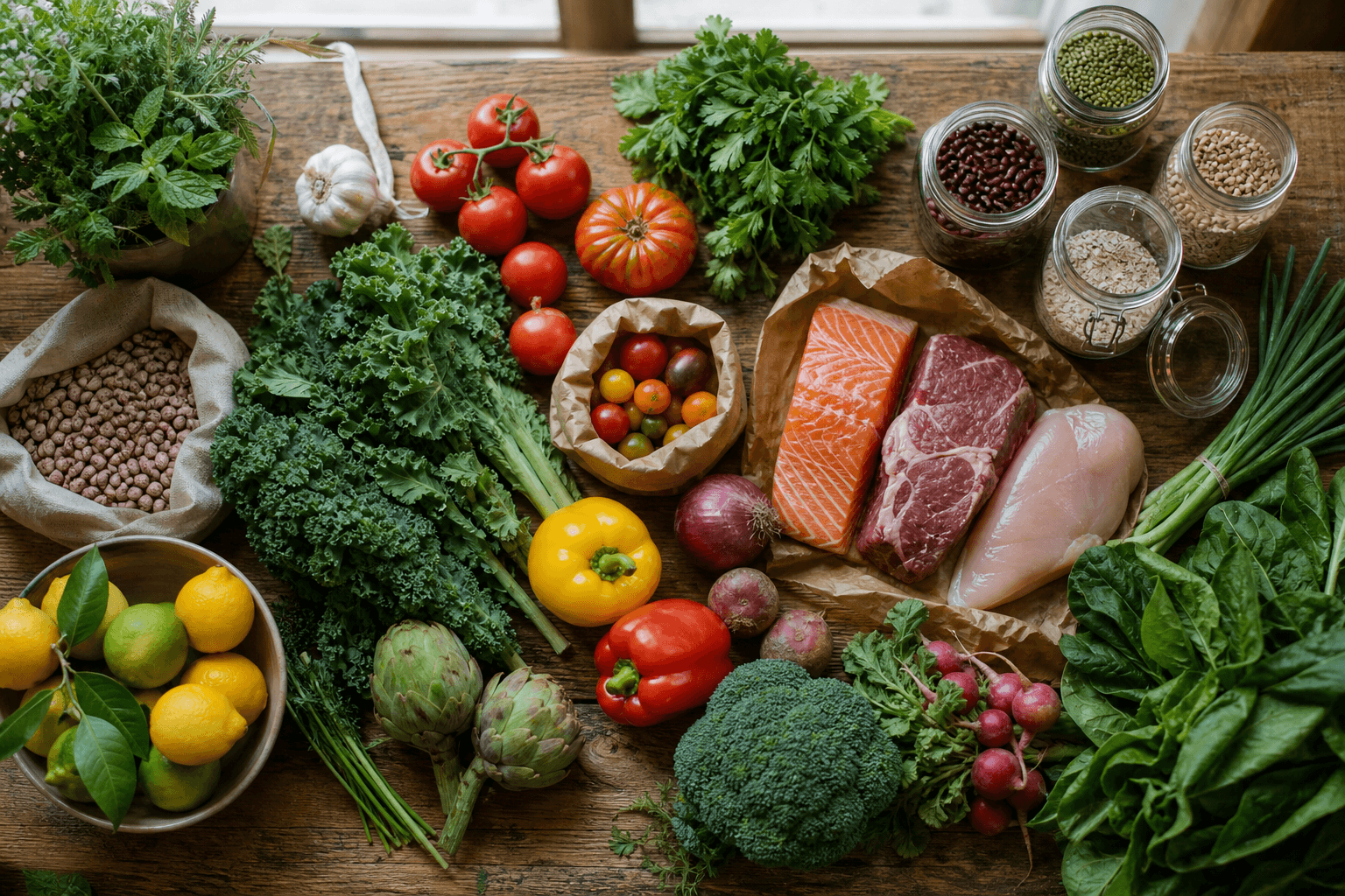 A wooden kitchen counter covered with a colorful variety of fresh groceries, including produce, grains, and pantry staples, illustrating grocery variety instead of the same repeated items