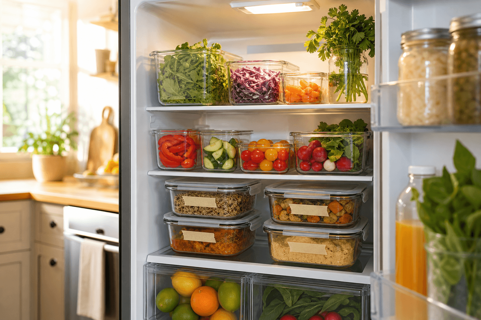 Organized refrigerator shelves with labeled leftovers in clear containers and fresh produce stored by zone