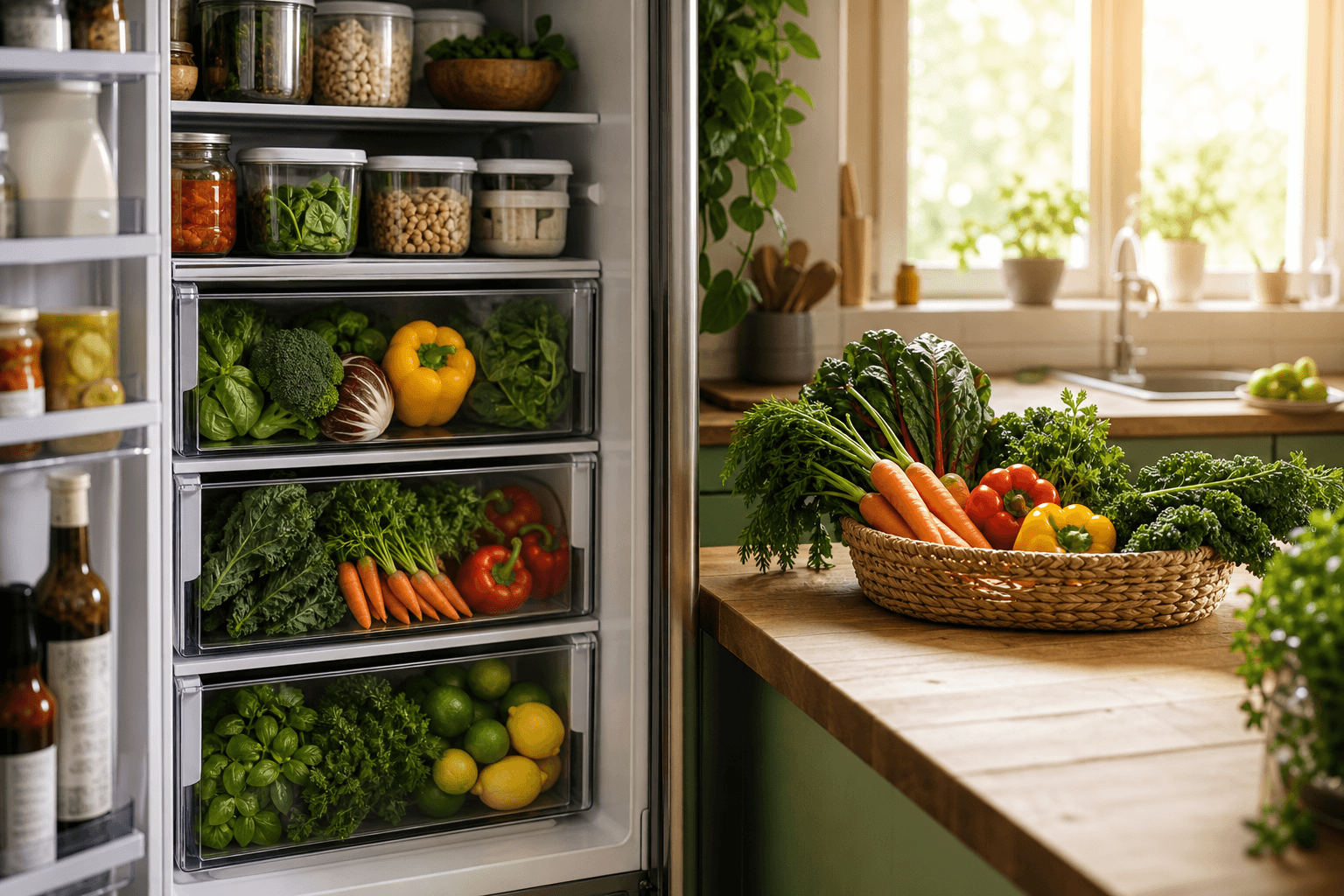 An organized home refrigerator with fresh produce sorted in bins under warm natural light, showing a simple system for stopping food waste at home.