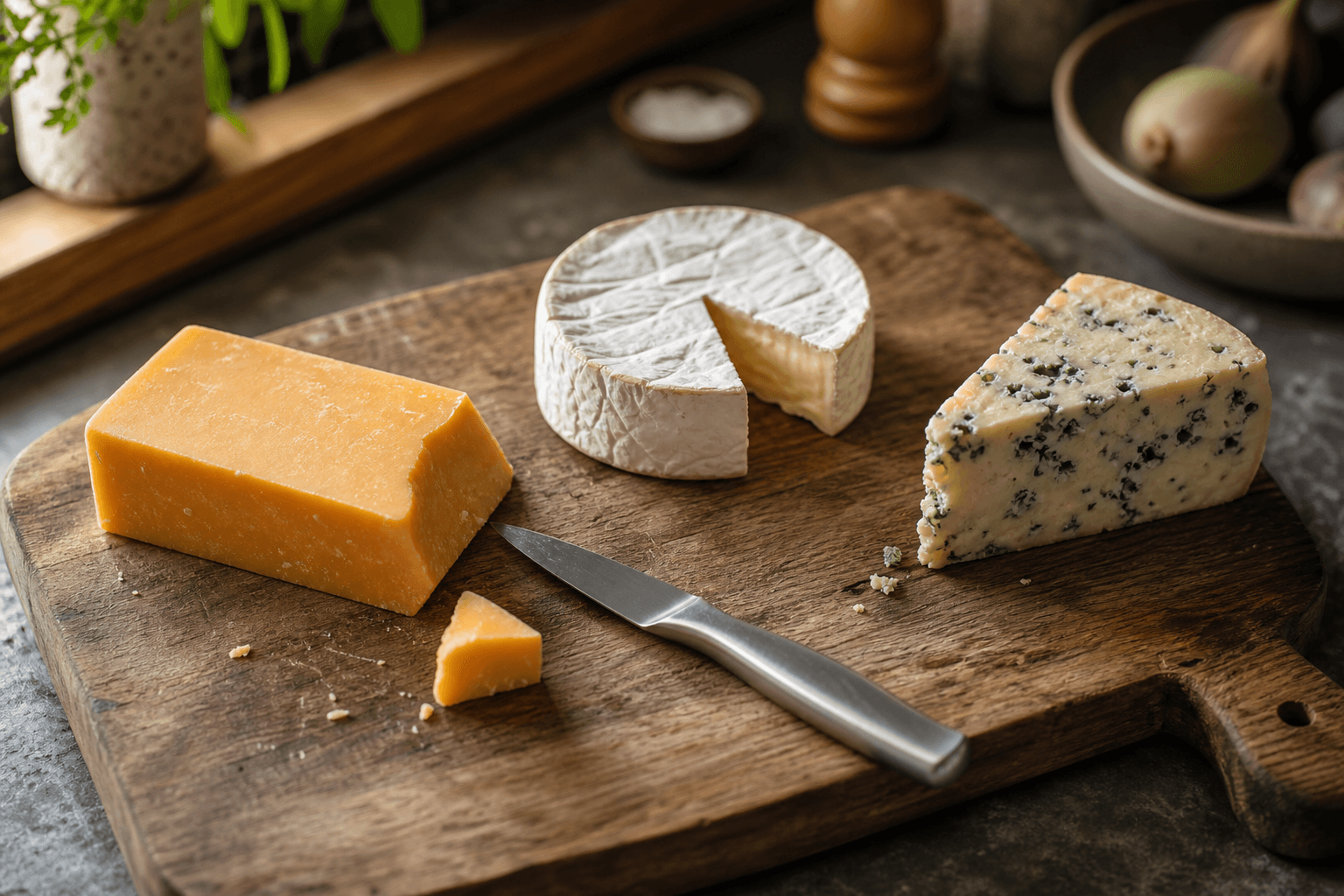 A wooden cutting board with wedges of cheddar, brie, and blue cheese, one wedge showing a small patch of mold being trimmed away with a knife