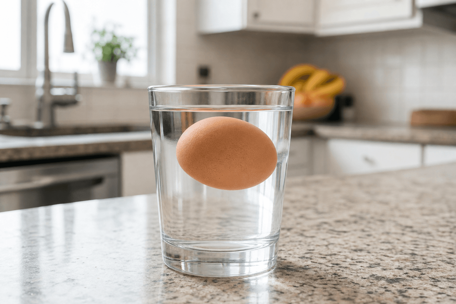 An egg float test in a clear glass of water