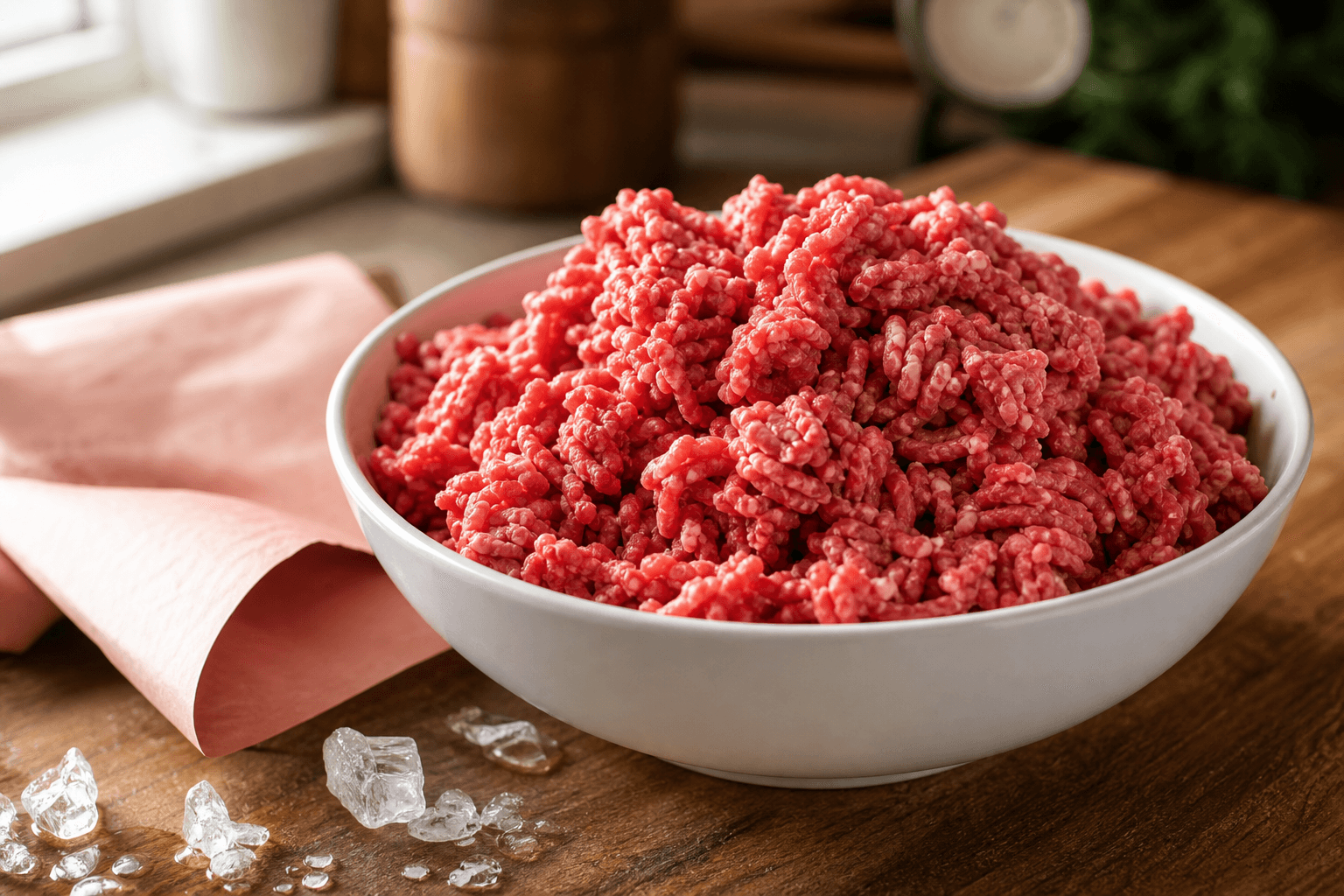 Raw ground beef in a bowl on a kitchen counter, illustrating how to tell if frozen ground beef has gone bad