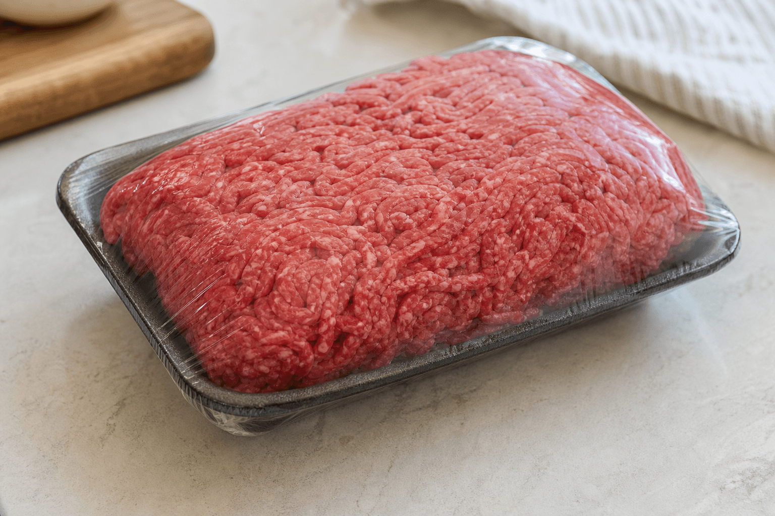 A package of fresh ground beef on a kitchen counter