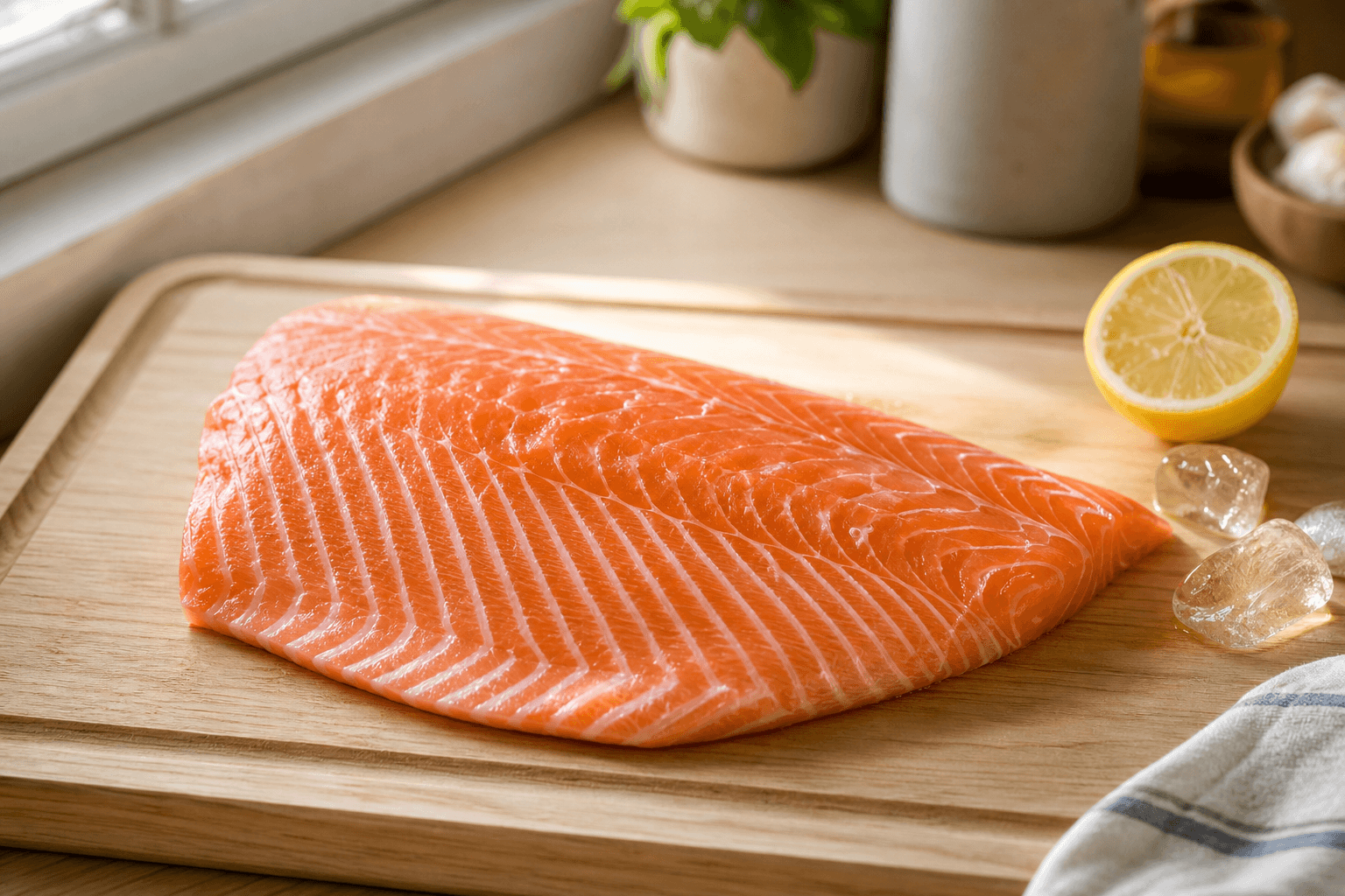 Fresh raw salmon fillet with vivid pink-orange flesh on a wooden cutting board