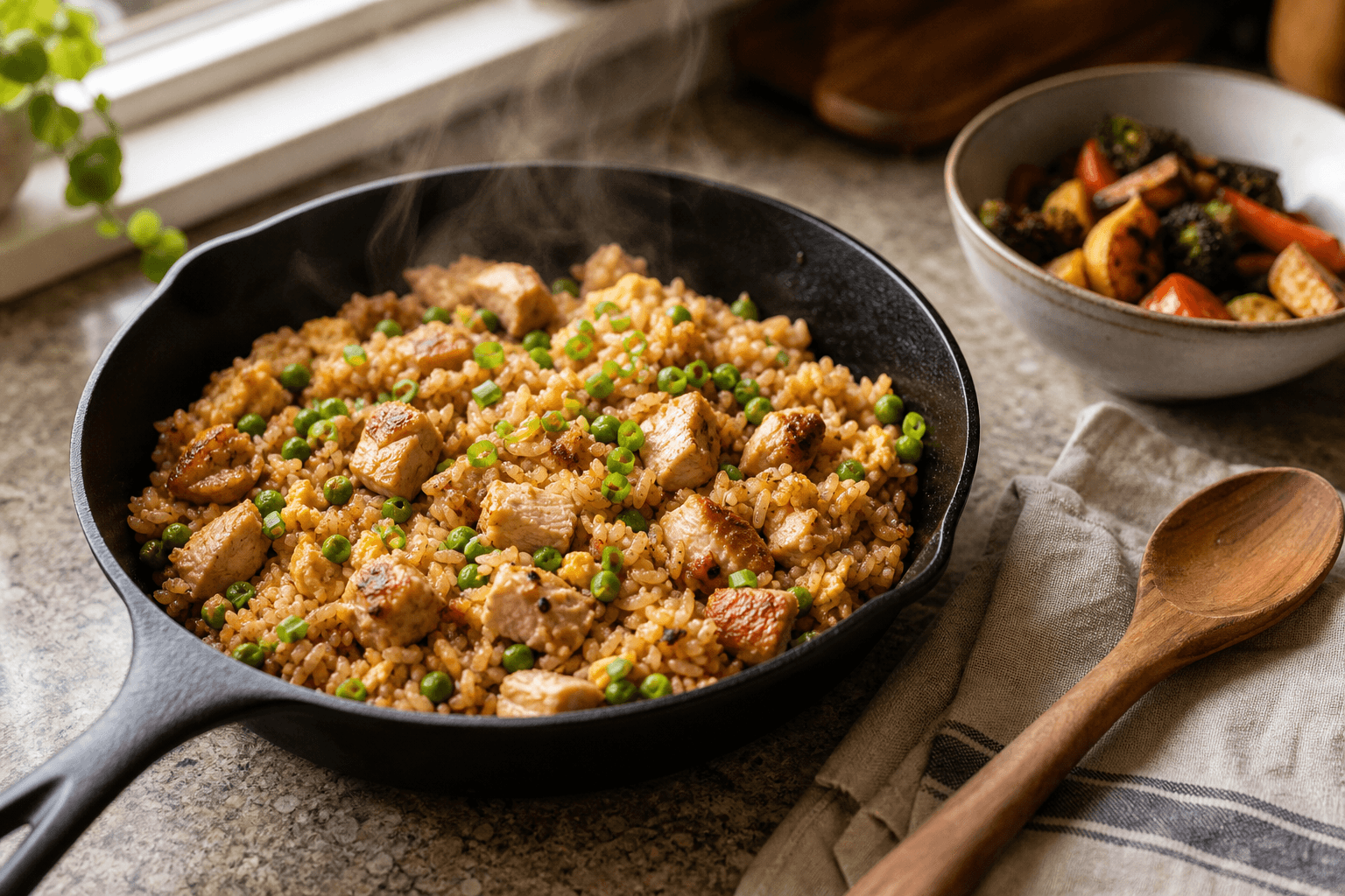 A skillet of leftover fried rice made from diced roasted chicken, rice, and vegetables, photographed in warm natural kitchen light.