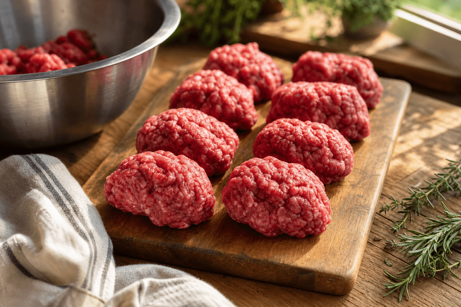 Raw ground beef divided into portions on a wooden cutting board in a sunlit home kitchen