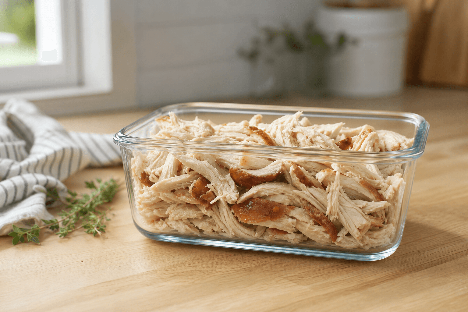 Cooked chicken pieces stored in a clear airtight glass container in the refrigerator