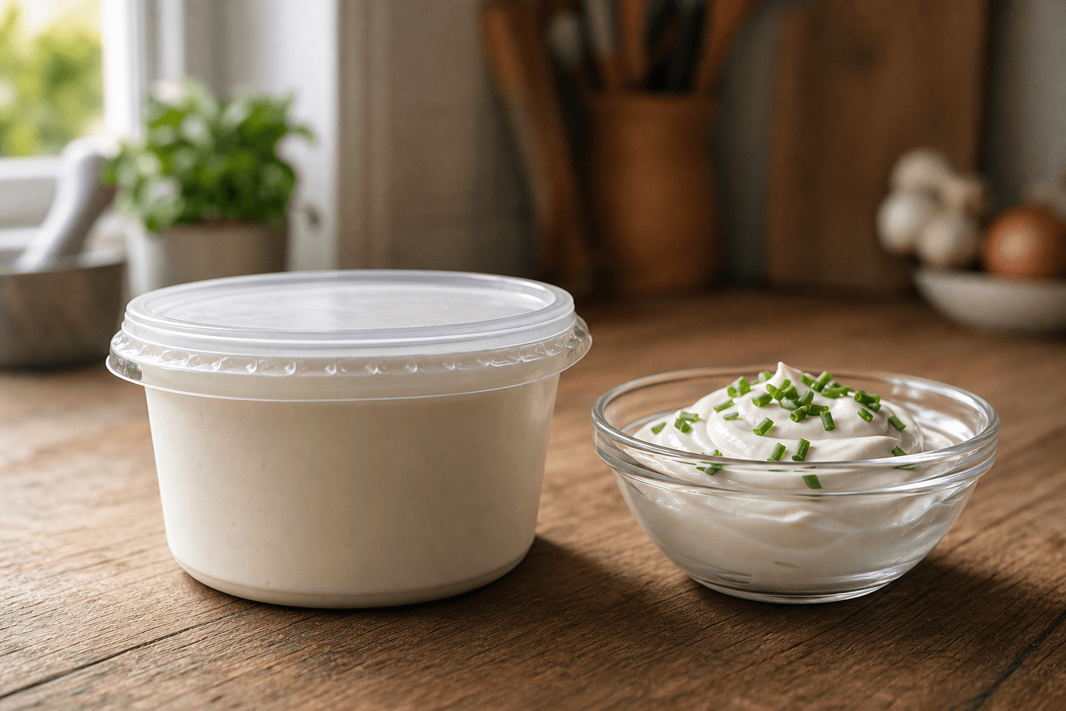 An unopened tub of sour cream on a wooden kitchen counter beside a small glass bowl of sour cream topped with chives