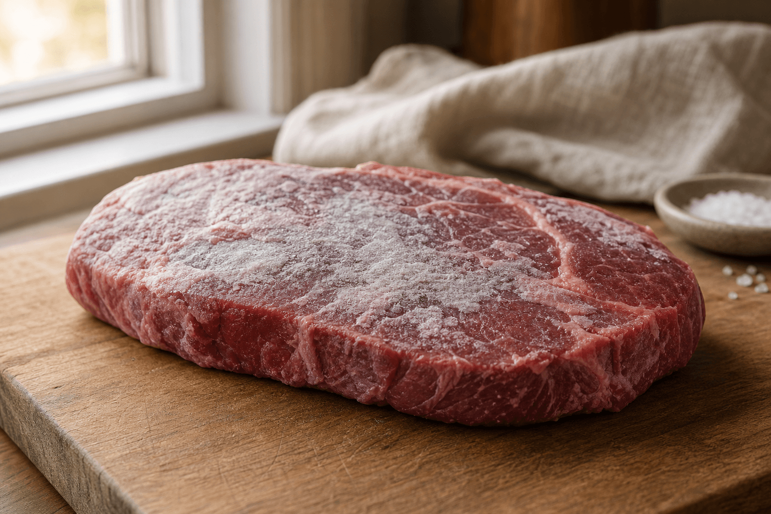 Raw beef steak on a wooden cutting board showing pale grayish freezer burn patches on its surface