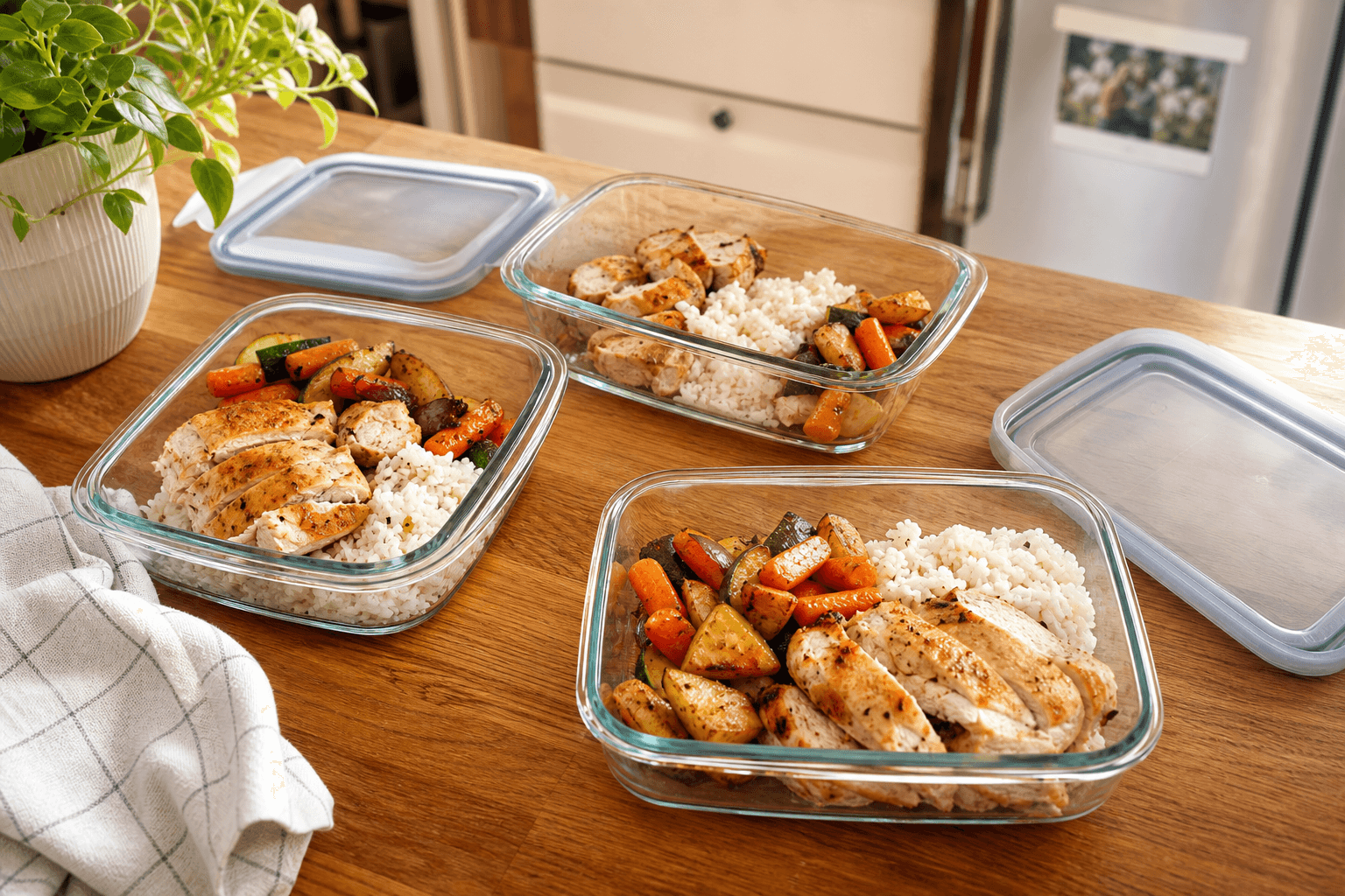 Glass containers of leftover roasted chicken, rice, and vegetables on a kitchen counter, illustrating how long leftovers stay safe to eat.