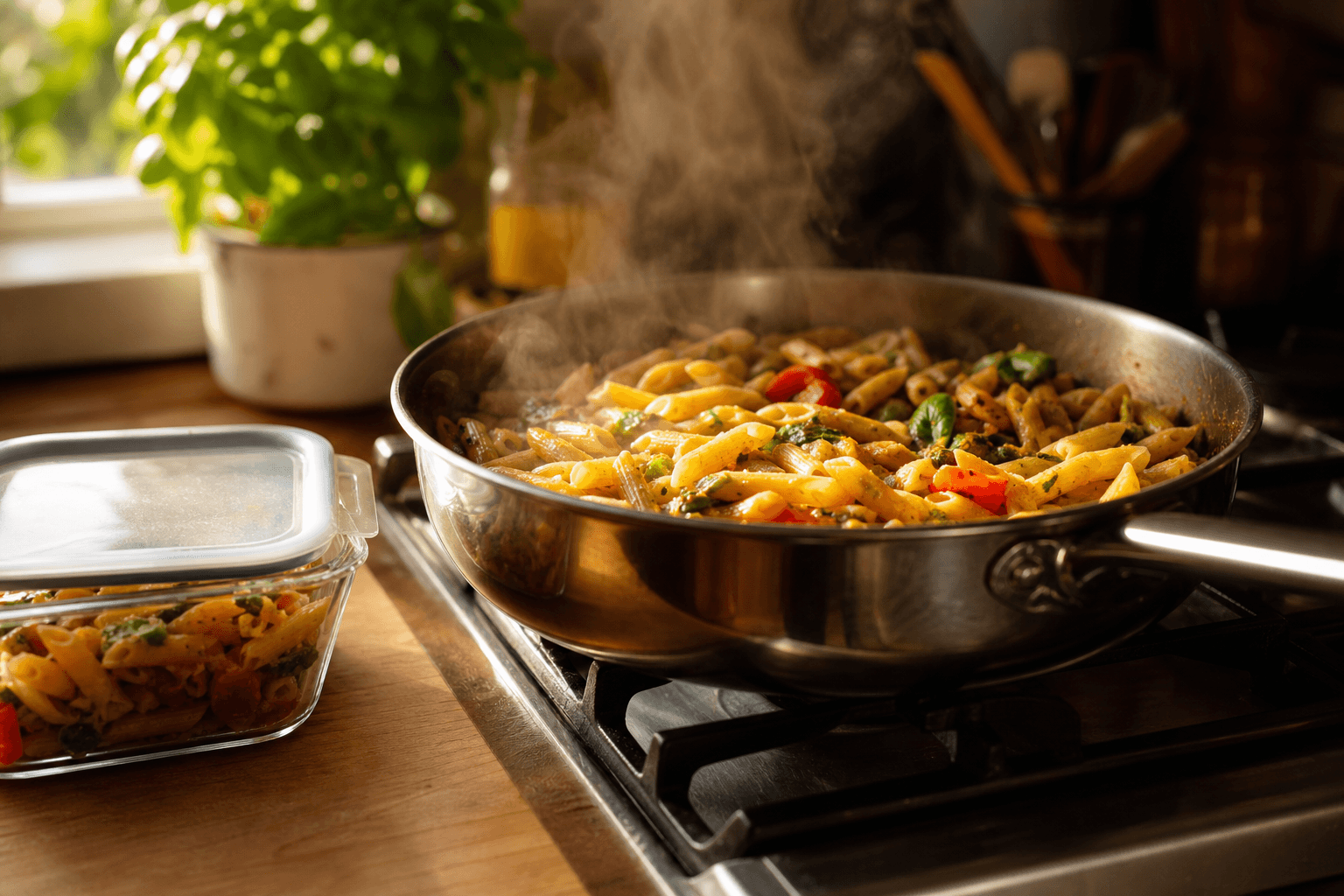 A skillet of reheated leftover pasta and vegetables steaming on a stovetop beside a glass food storage container, lit by warm natural kitchen light
