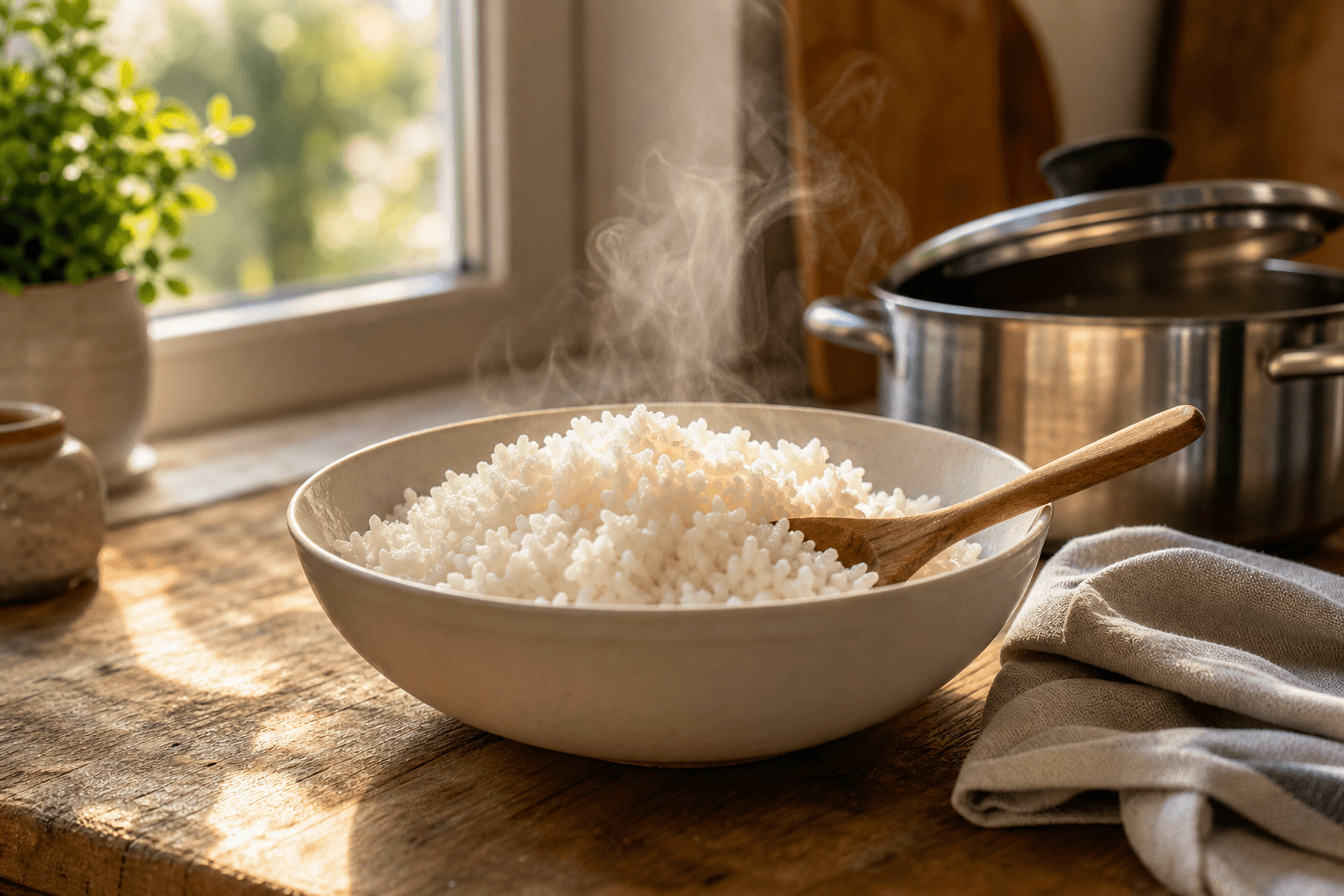 A bowl of steaming reheated white rice being served with a wooden spoon in a home kitchen