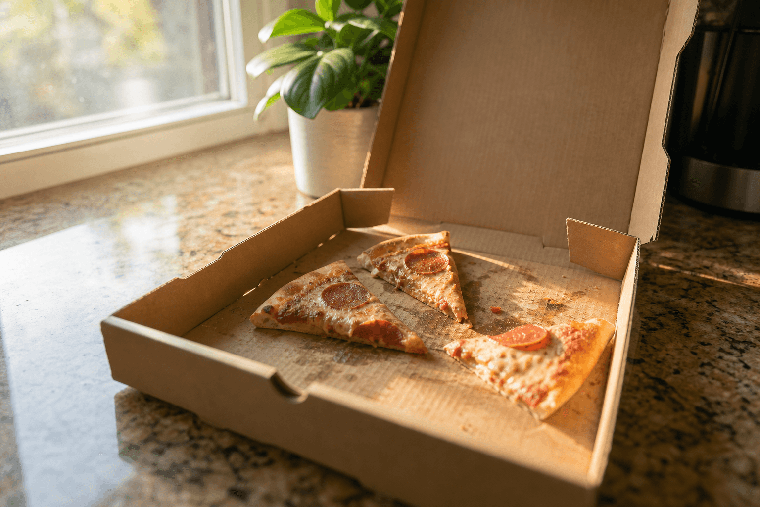 An open cardboard pizza box with leftover cheese and pepperoni pizza left out on a kitchen counter overnight