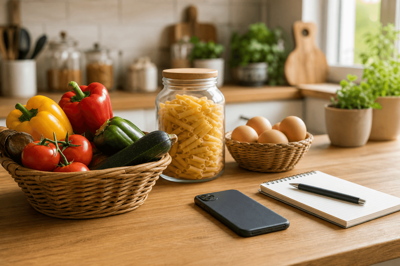 Fresh vegetables, eggs and pantry staples arranged on a kitchen counter next to a smartphone, representing apps that track pantry and fridge inventory as KitchenPal alternatives