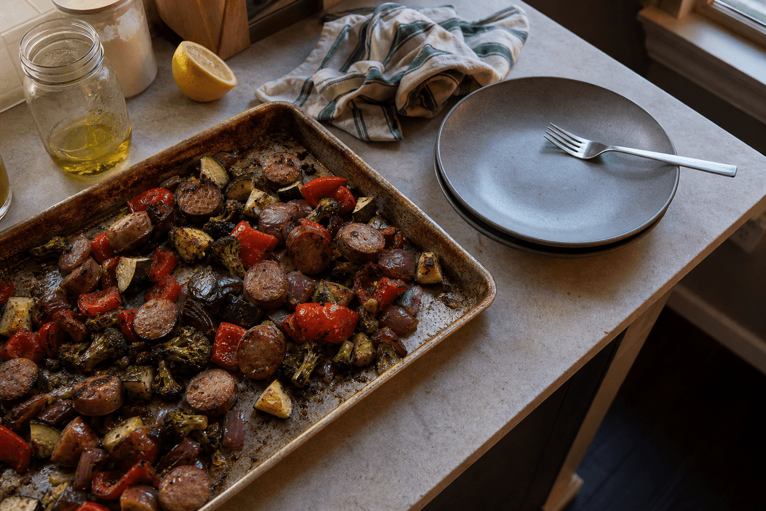A simple weeknight sheet pan dinner of sausage and roasted vegetables cooling on a stovetop in a home kitchen with warm natural light
