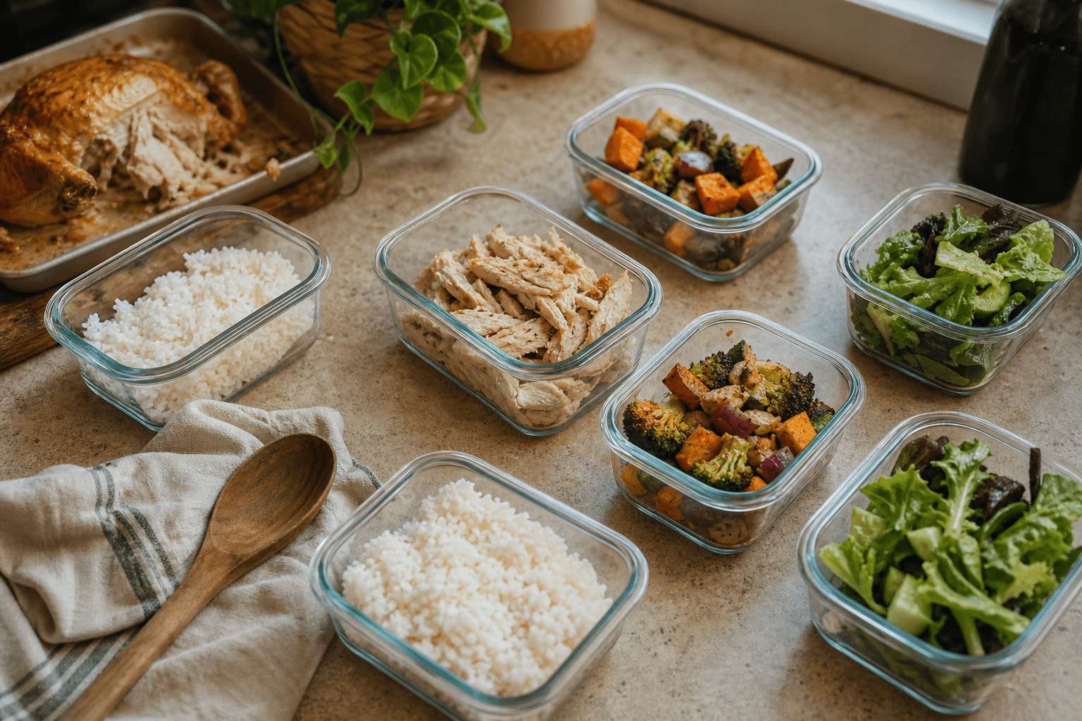 Small glass containers of leftover roast chicken, rice, and roasted vegetables arranged on a kitchen counter for a week of leftover-friendly meals