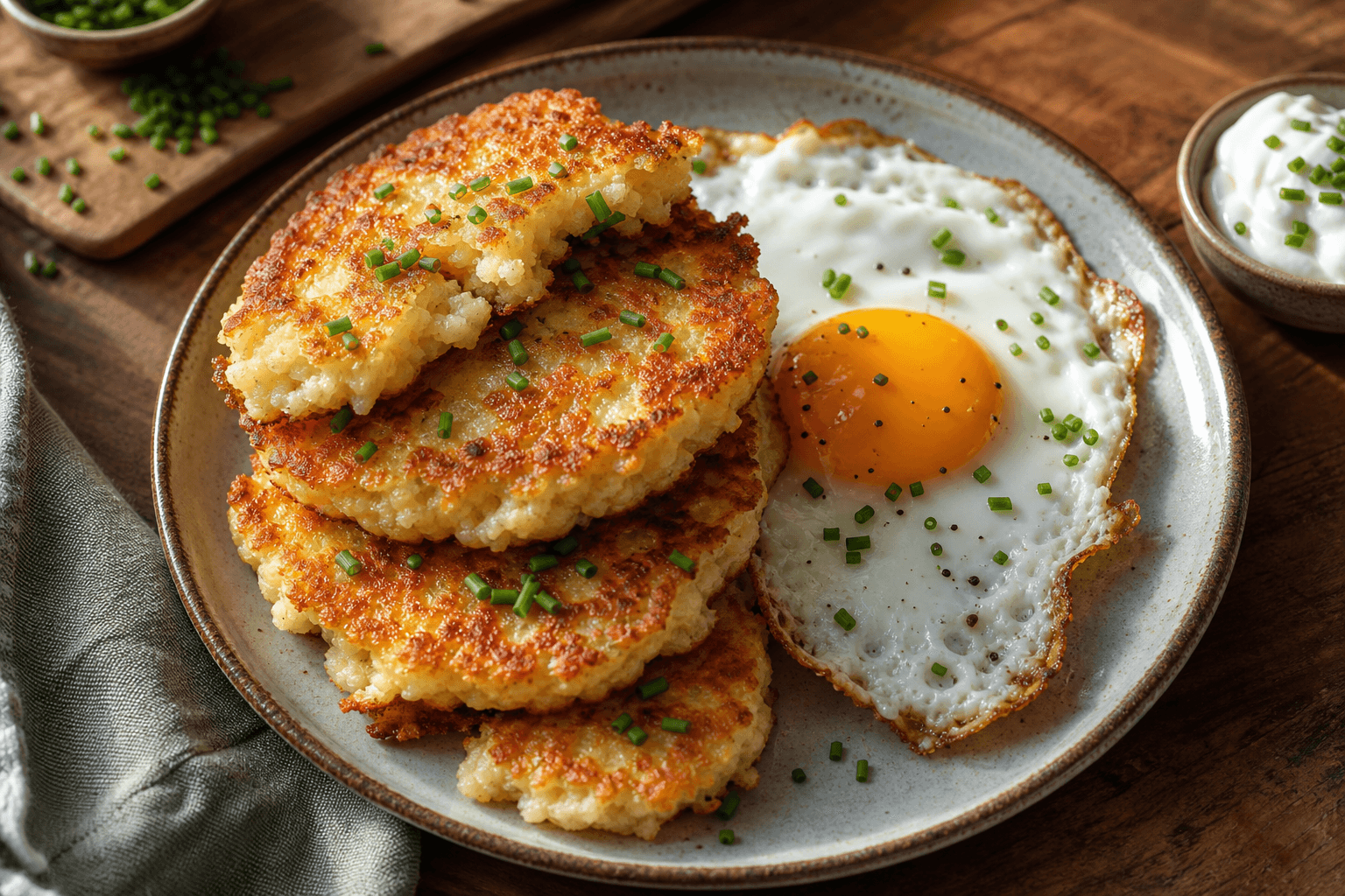 Golden brown crispy mashed potato pancakes stacked on a plate with a fried egg and chopped chives, warm natural kitchen light