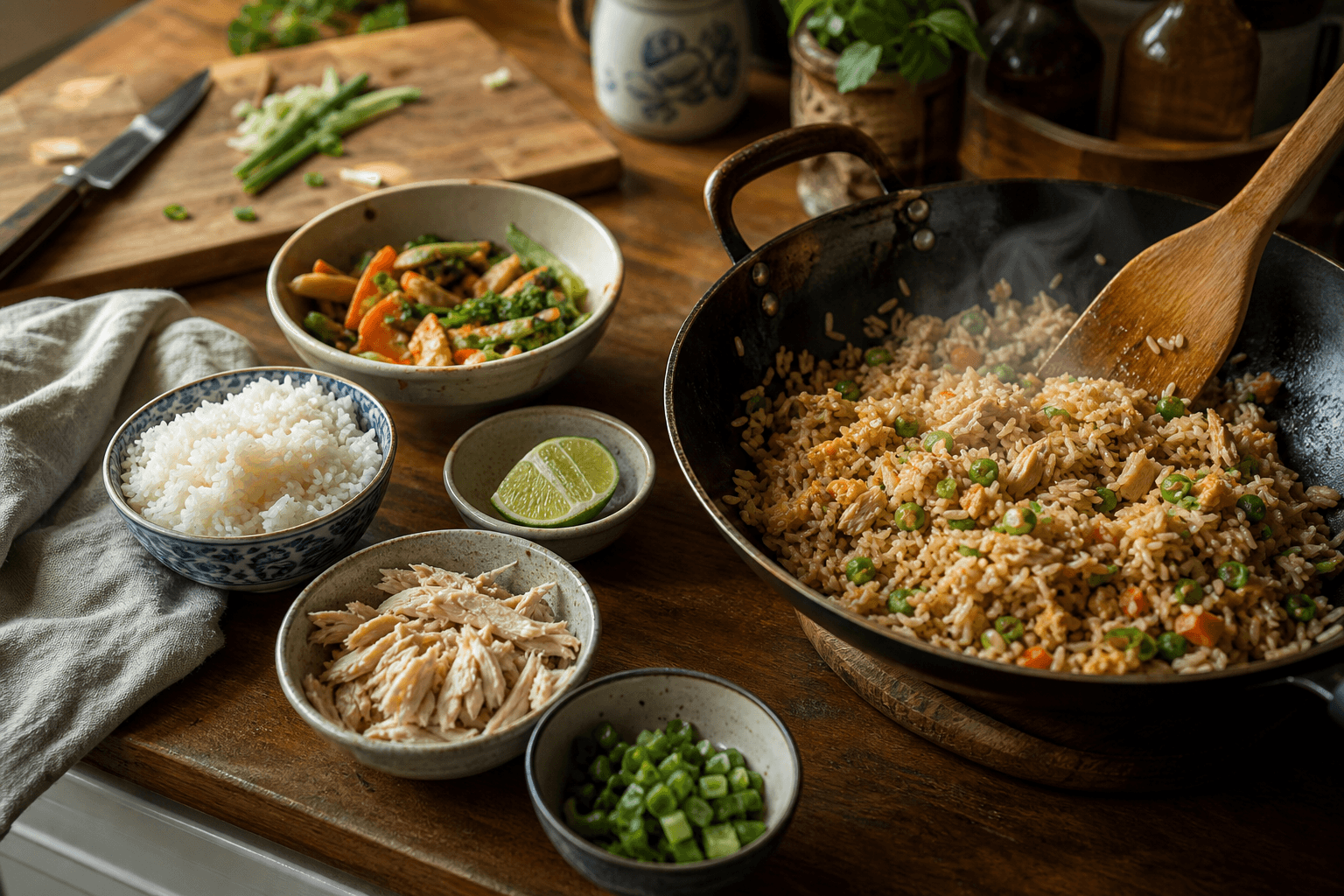 Small bowls of leftover cooked rice, shredded chicken, and roasted vegetables on a kitchen counter next to a skillet of fried rice
