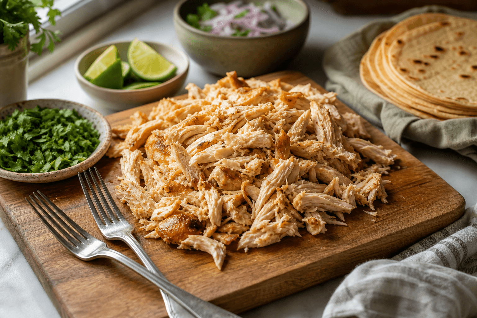 Freshly shredded rotisserie chicken on a wooden cutting board surrounded by tortillas, lime, and herbs for leftover chicken recipes