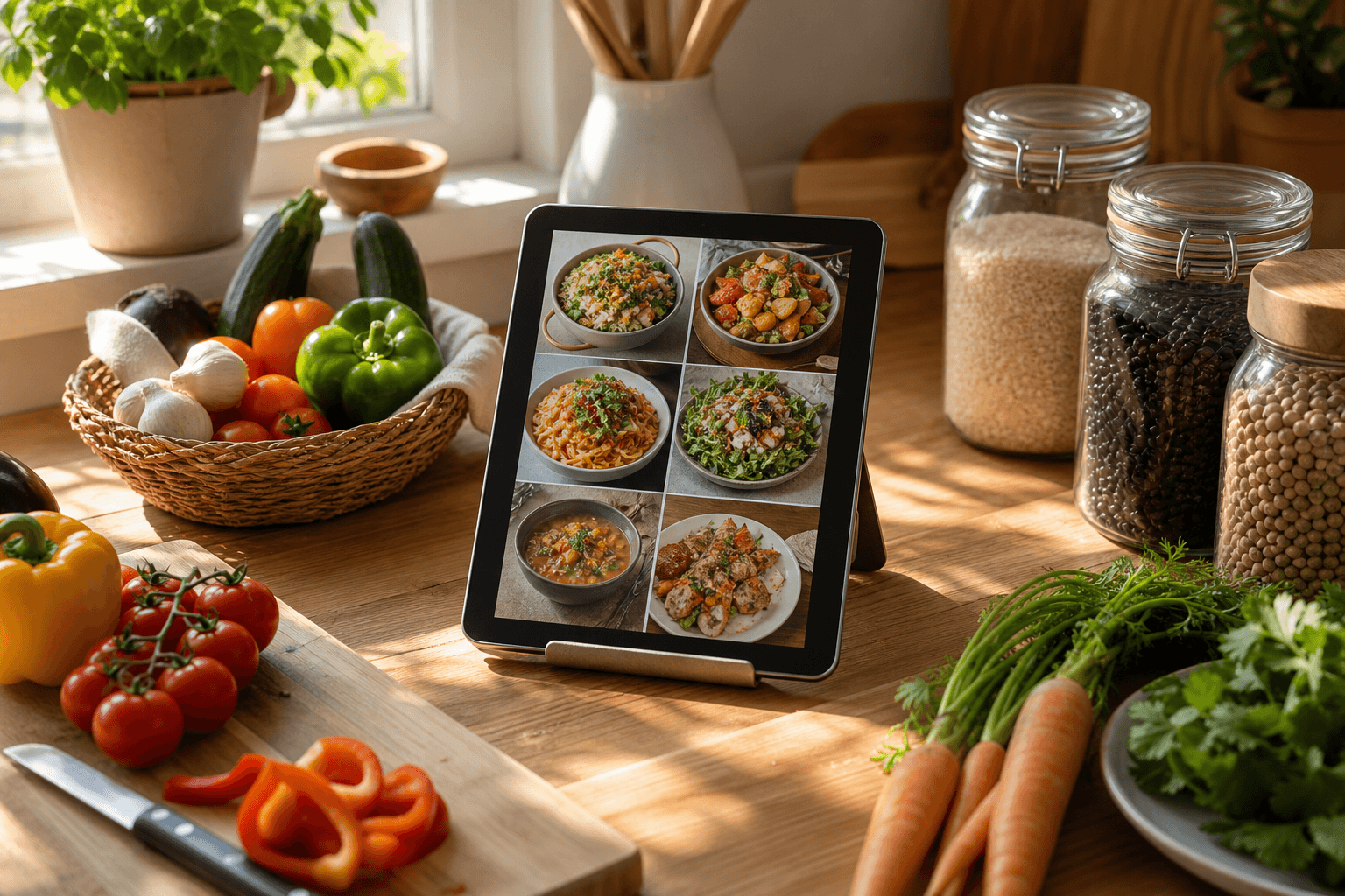 A tablet showing a simple recipe list propped on a sunlit kitchen counter next to fresh produce and glass jars of pantry staples.