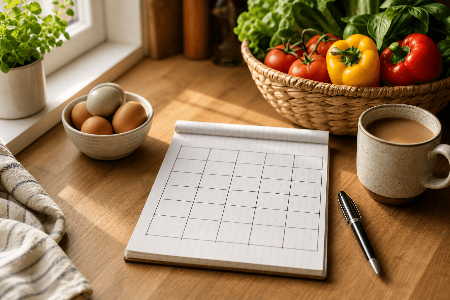 A handwritten weekly meal planning template on a kitchen counter surrounded by fresh vegetables, eggs, and a grocery basket in warm morning light
