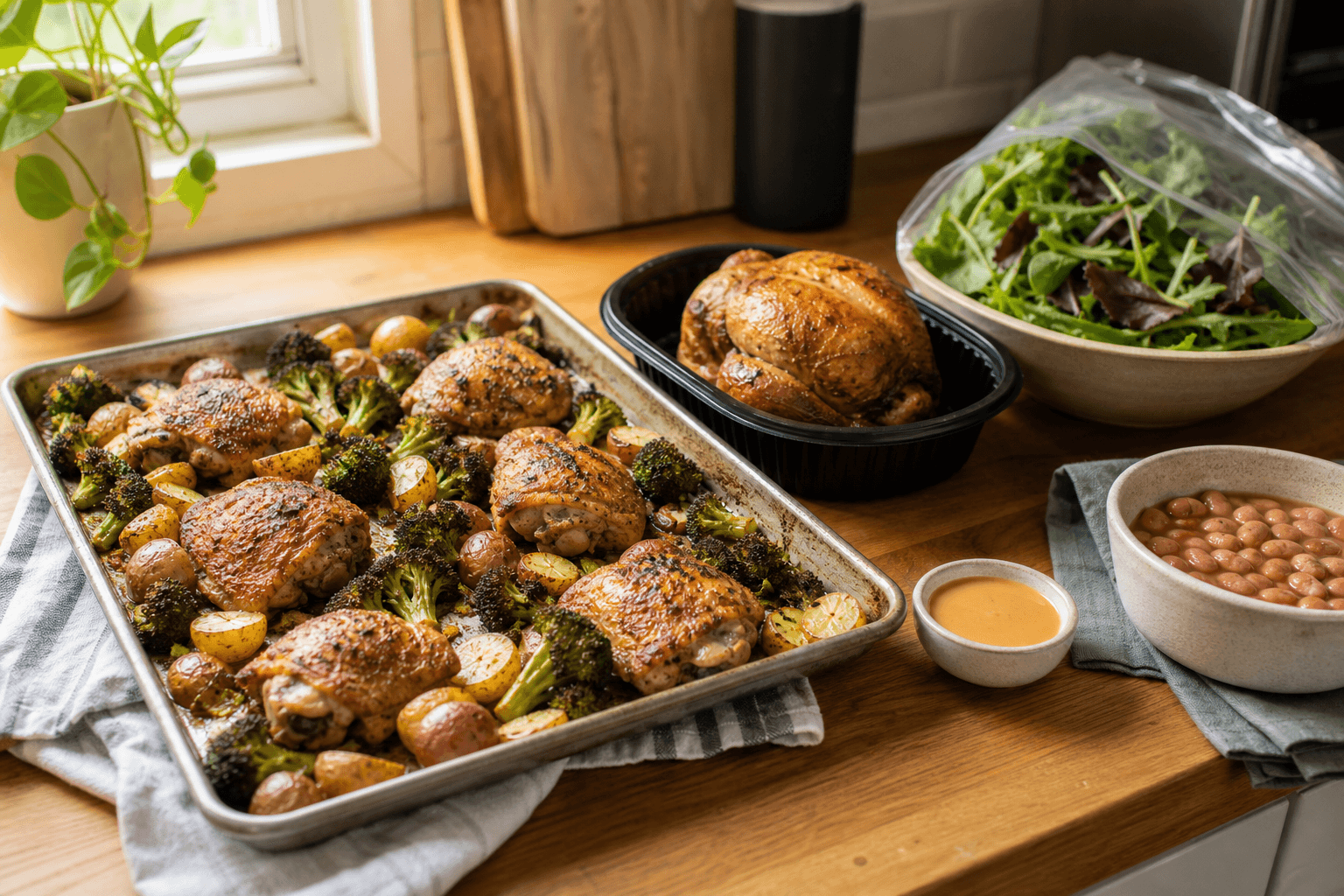 A simple sheet pan of roasted chicken and vegetables next to easy pantry staples like canned beans and pre-washed greens on a kitchen counter